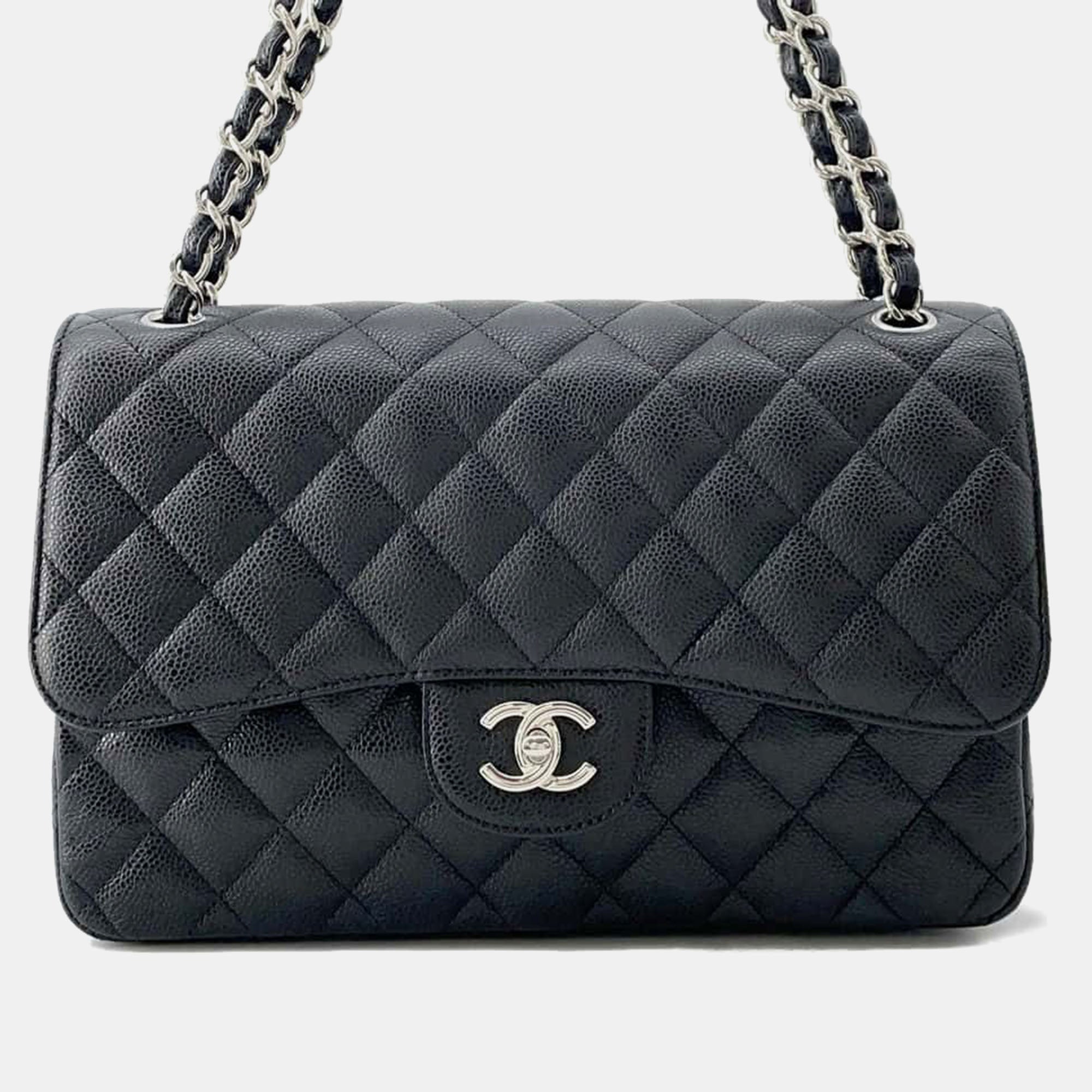 Black Caviar Leather Matelasse Flap Chain Shoulder Bag - 30cm Designer Crossbody Purse for Women | Perfect for Work, Evening Events & Daily Use