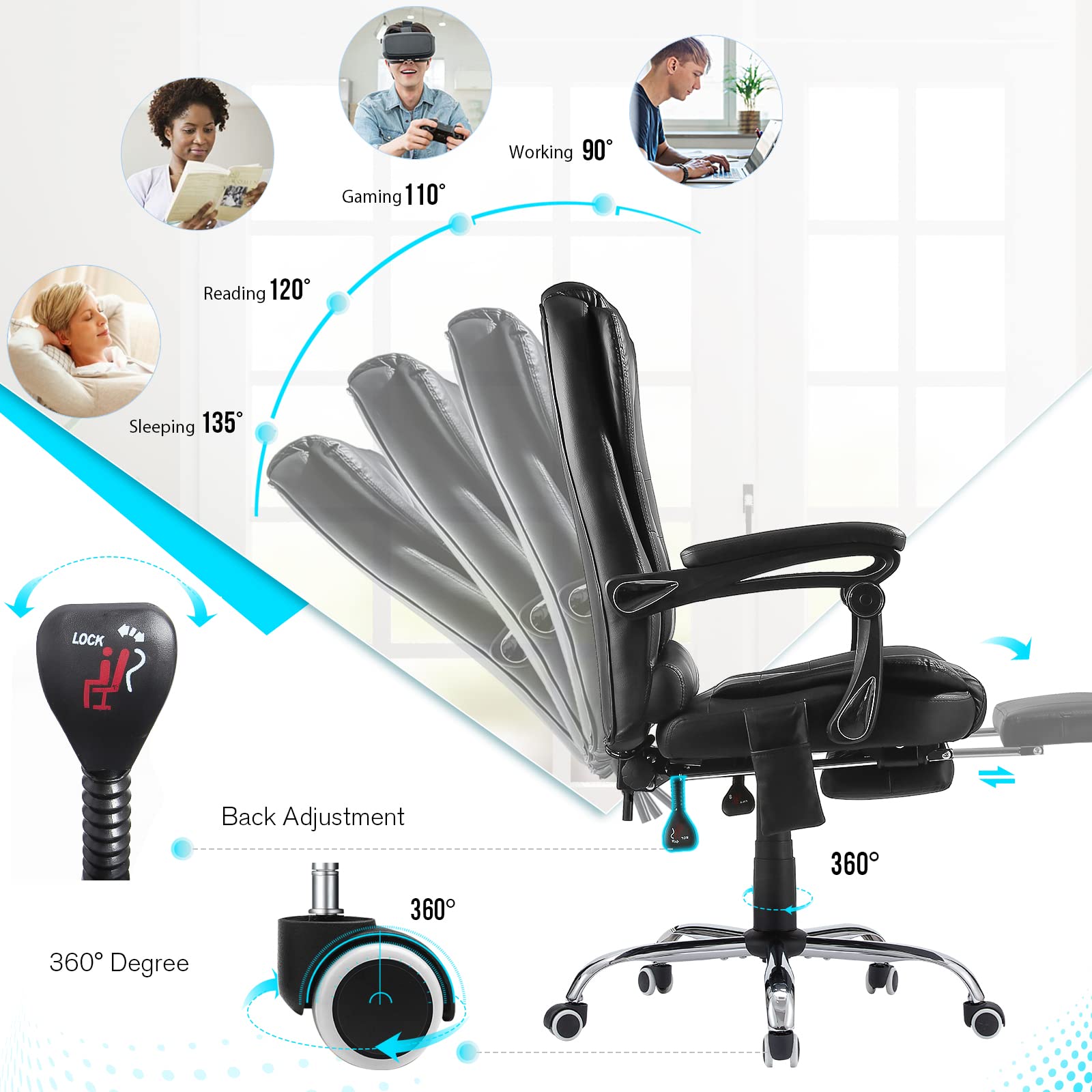 Ergonomic Heated Massage Office Chair - Adjustable Height PU Leather Executive Desk Chair with Lumbar Support - Perfect for Home Office, Gaming & Computer Work (Black)