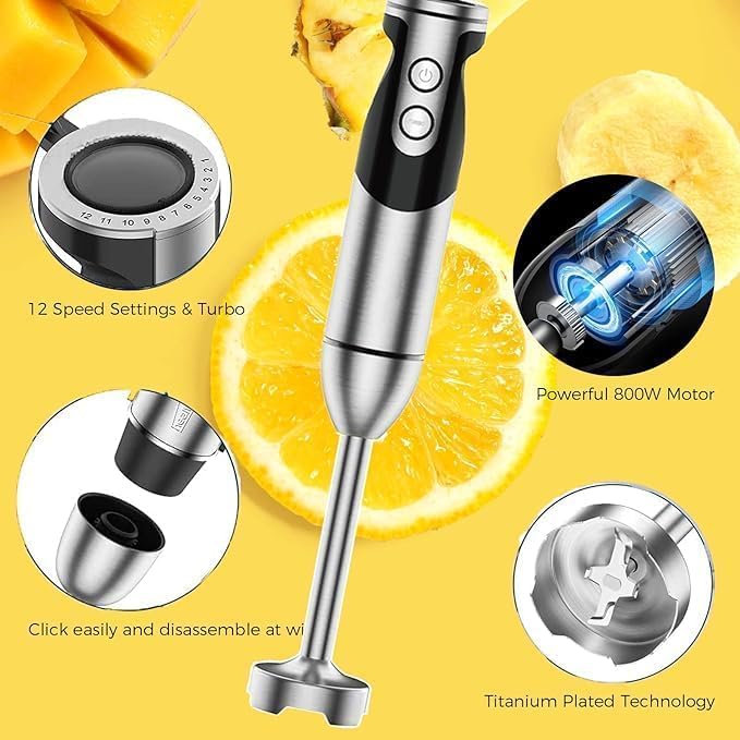 **MegaWise 12-Speed Stainless Steel Hand Blender - 3-in-1 Immersion Blender with Titanium-Plated Blades, Perfect for Smoothies, Soups & Baby Food (Black)**