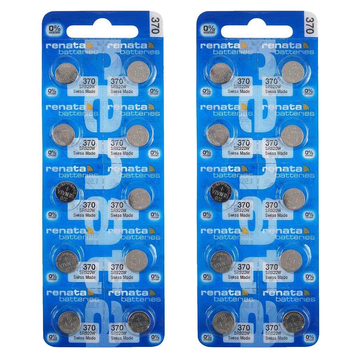 Renata 370 SR920W 1.55V Silver Oxide Watch Batteries - 20 Pack for Watches, Calculators, Medical Devices & Small Electronics - Long Lasting Power Supply