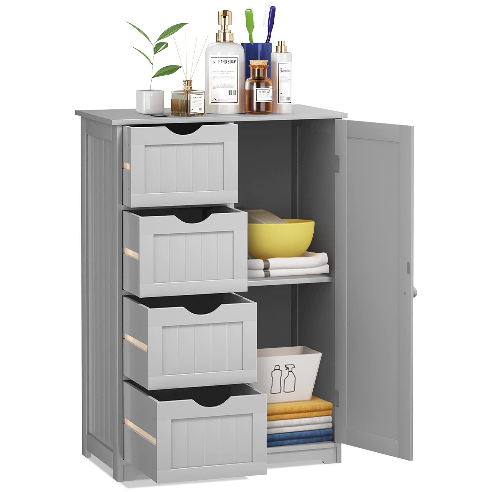 Tangkula 4-Drawer Freestanding Bathroom Storage Cabinet with Adjustable Shelf & Single Door - 22 x 12 x 32 Inch Grey Bathroom Organizer for Home, Office & Small Spaces - Perfect for Towels, Toiletries & Cleaning Supplies Storage