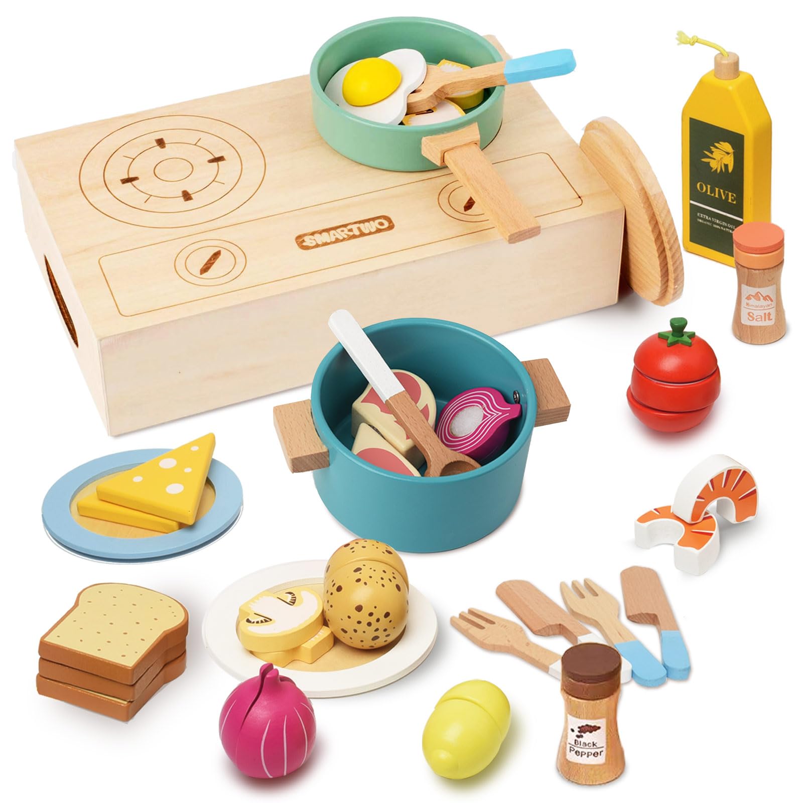 **27-Piece Wooden Pretend Play Cooking Set for Kids - Kitchen Accessories with Dishes, Pots, Pans & Utensils - Educational Toy Gift for Toddlers Ages 3-5 (Boys & Girls) - Perfect for Role-Playing & Early Learning**