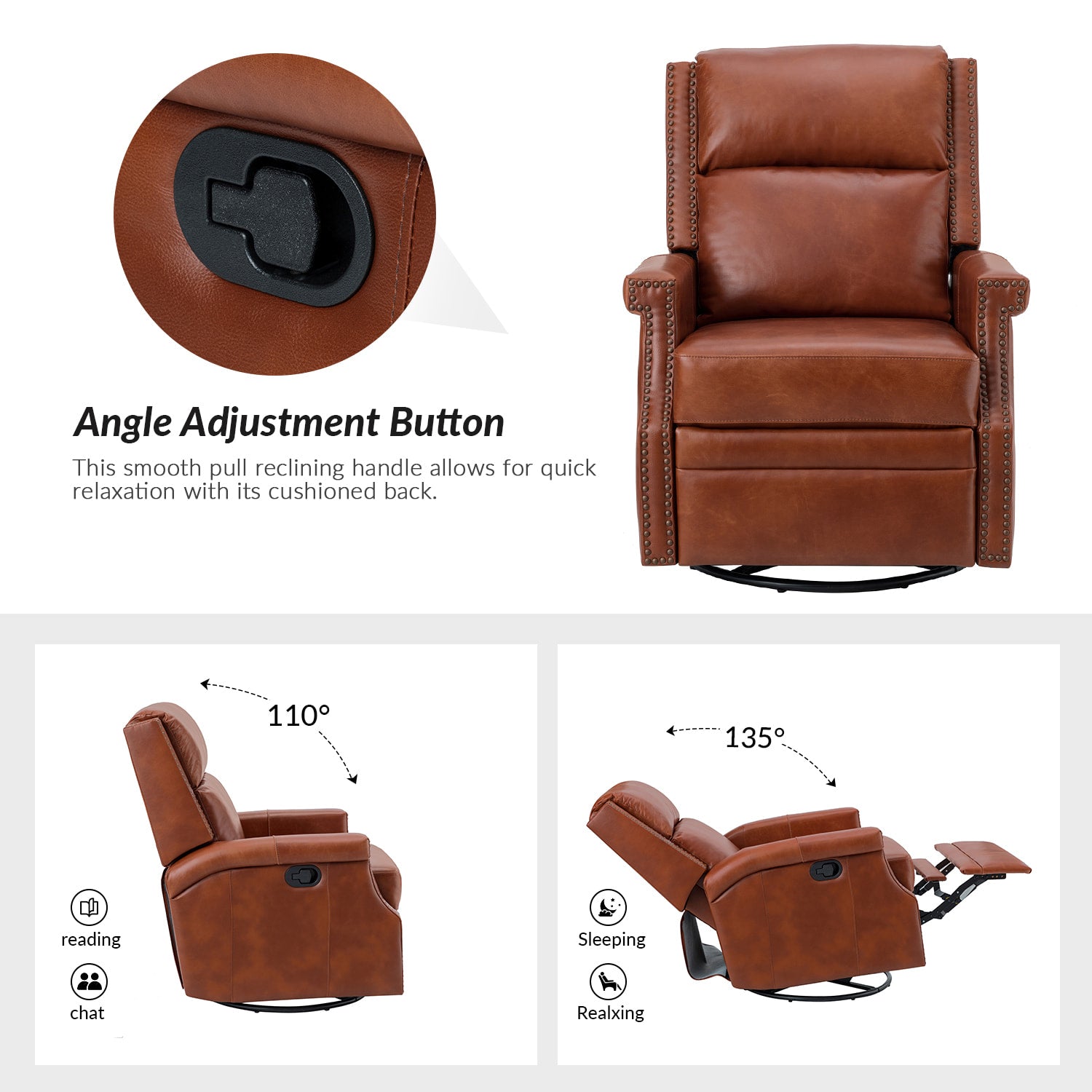 Canace Modern Genuine Leather Manual Glider Rocker Recliner Chair - Comfortable Swivel Lounge Chair for Living Room, Nursery, and Office Relaxation