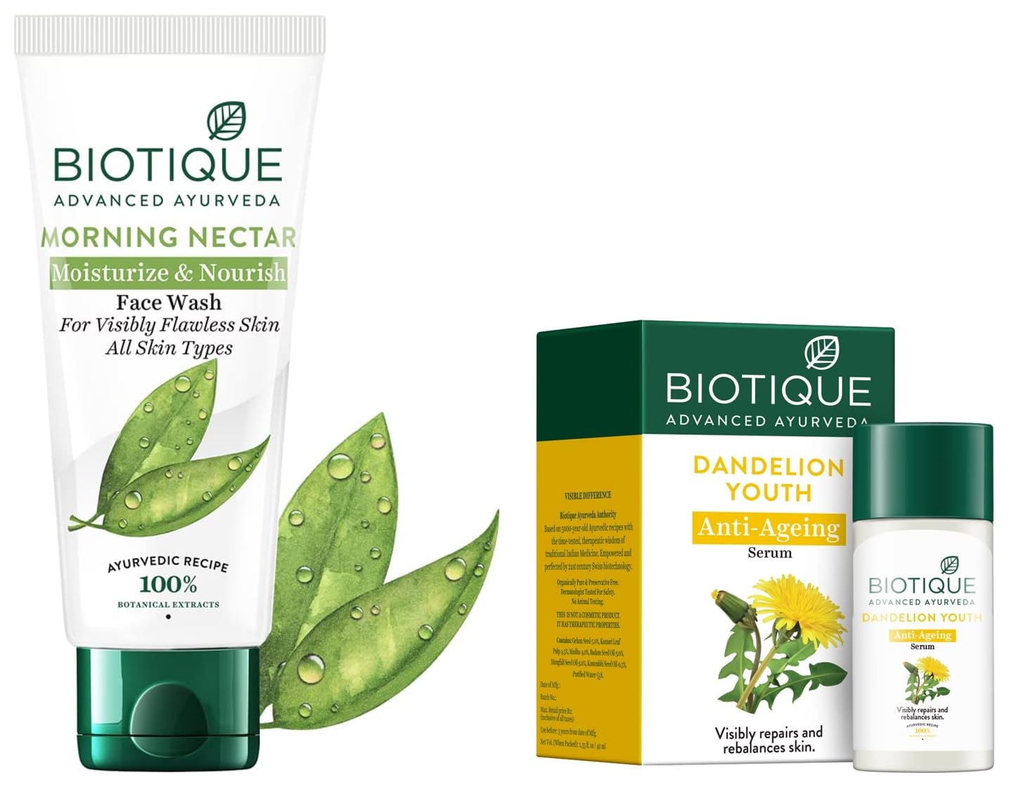Biotique Bio Dandelion Visibly Ageless Anti-Aging Serum 40ml & Morning Nectar Flawless Face Wash 150ml - Organic Skincare Set for Youthful Glow, Daily Hydration & Radiant Skin - Perfect for Morning & Night Routine
