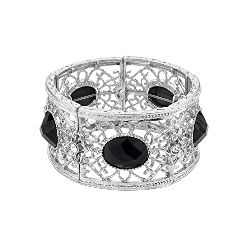 1928 Jewelry Faceted Oval Filigree Stretch Bracelet for Women's Fashion Accessories