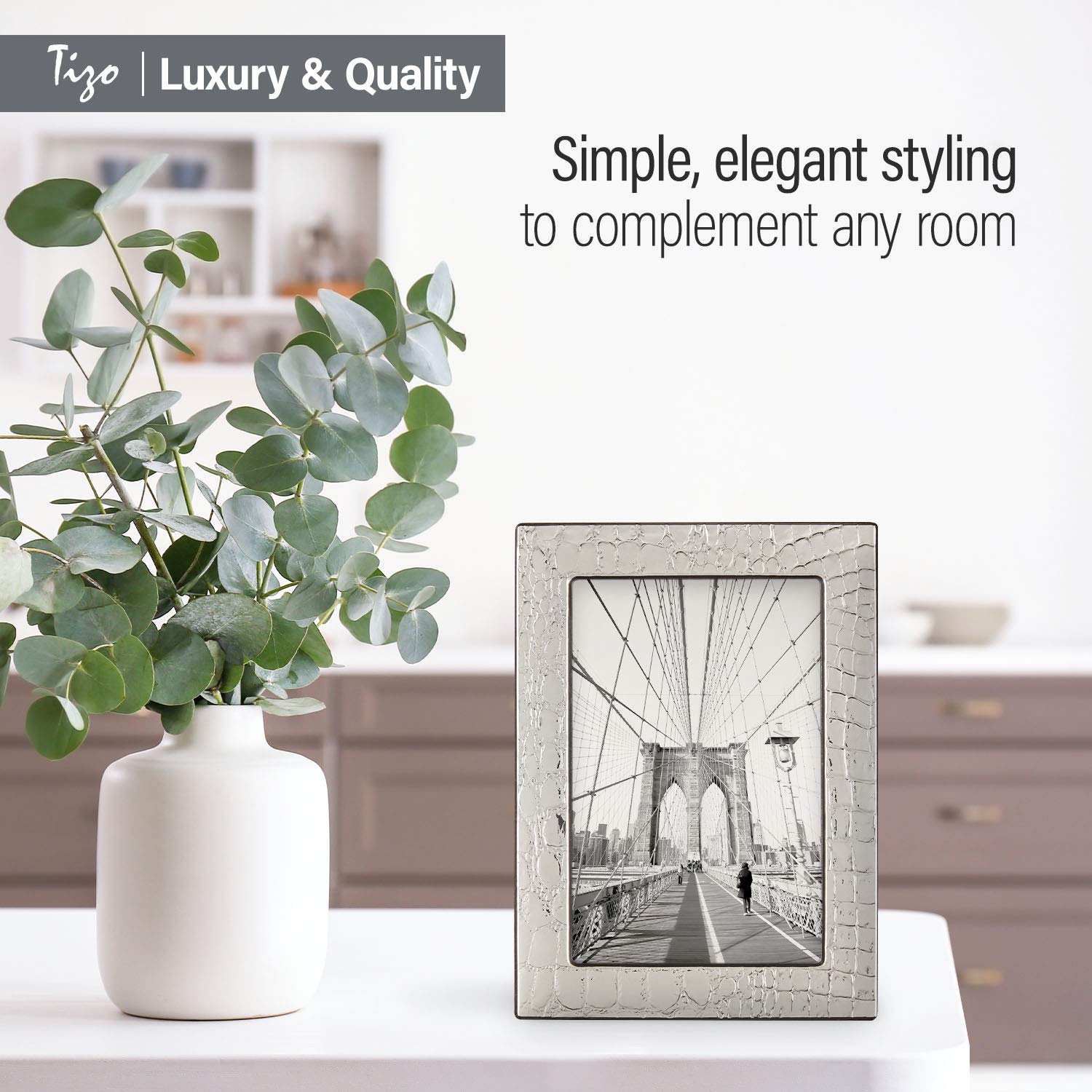 TIZO 8x10 Crocodile Silver Decorative Picture Frame - Premium Boutique Quality Photo Display - 925 Sterling Silver Collection - Perfect for Wedding Photos, Home Decor & Office Display