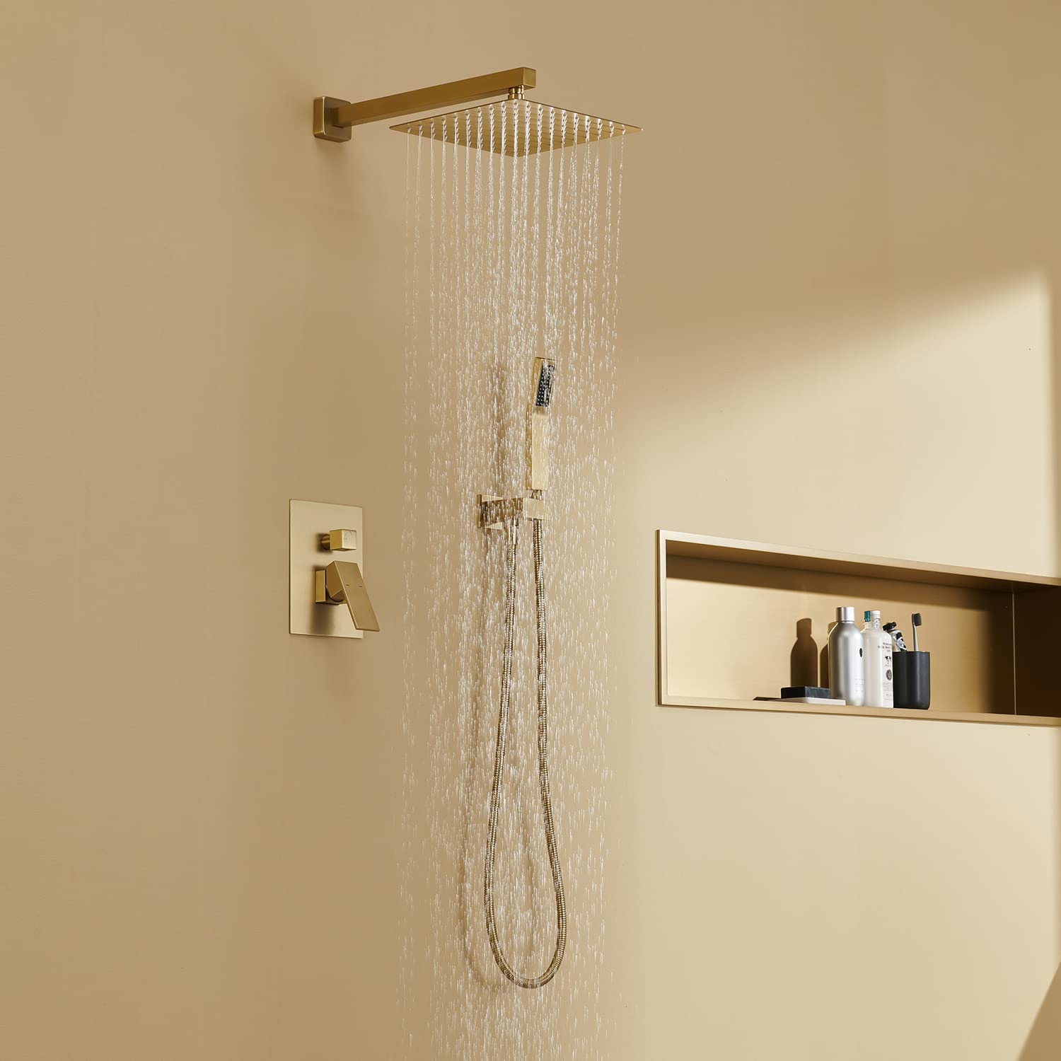 10 Inch Brushed Gold Wall Mount Rain Shower Combo Set - Rainfall Shower Head & Handheld Shower for Luxurious Bathroom Experience | Perfect for Master Bath, Spa Retreat & Modern Home Renovation