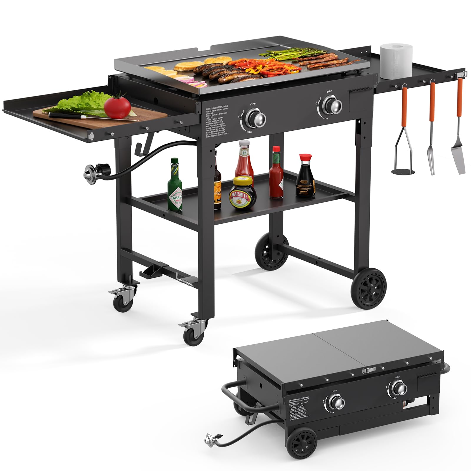SKOK 28 Inch Foldable Outdoor Propane Griddle - 30000 BTU Portable Flat Top Gas Grill with 2 Burners & Side Shelves | Perfect for Camping, Backyard BBQs, and Tailgating Parties