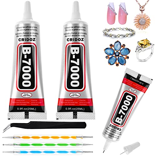 B7000 Clear Rhinestone Glue - Strong Jewelry & Craft Adhesive with Precision Tips, Dotting Stylus & Tweezers - Perfect for Nail Art, Glasses Repair, Metal & Stone Crafts (2-Pack, 0.9 fl oz) | DIY Jewelry Making, Costume Accessories & Home Repairs