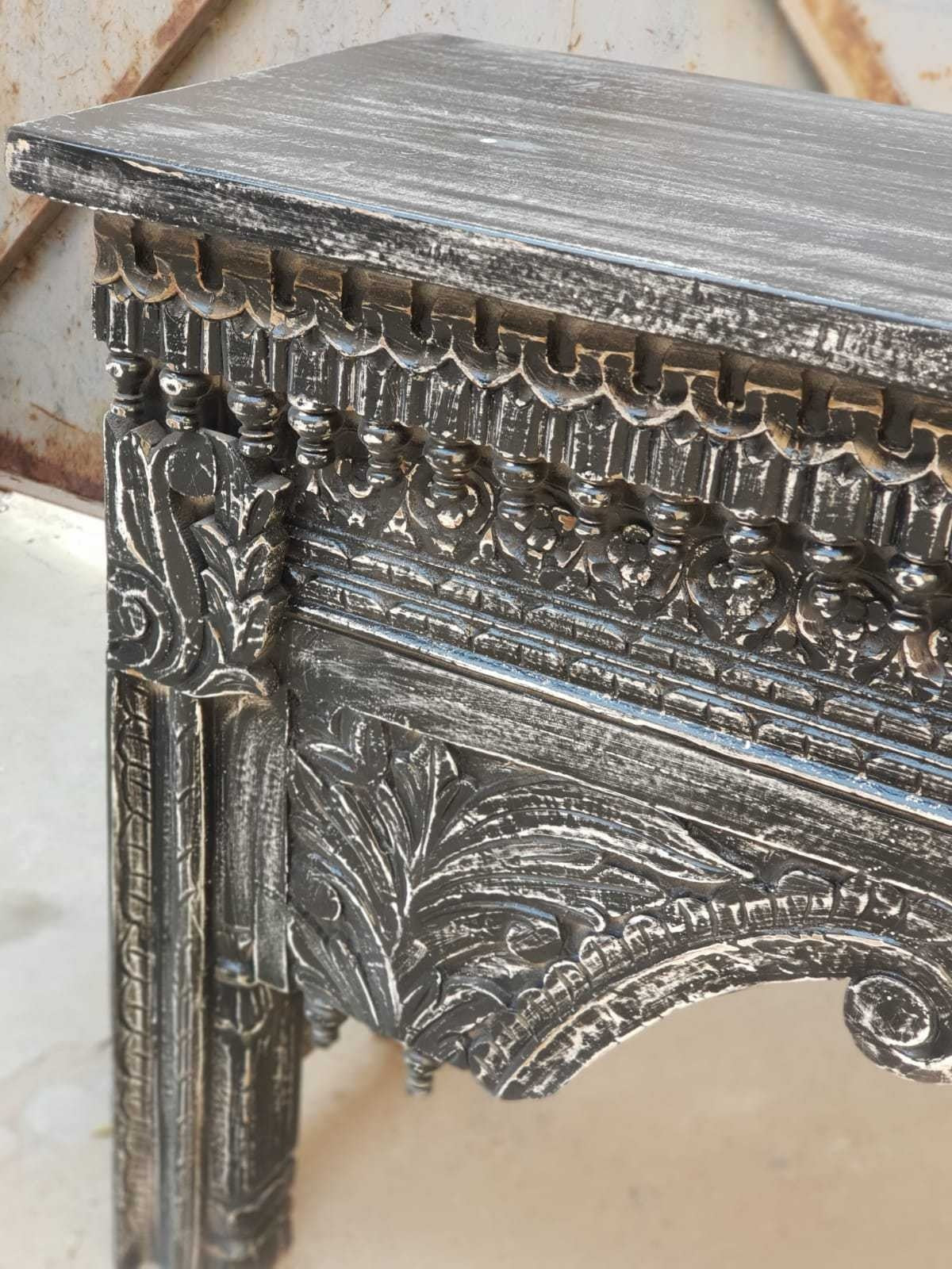 Hand Carved Indian Solid Wood Console Table - Elegant Entryway Hall Table for Living Room, Foyer & Home Decor - Black Finish