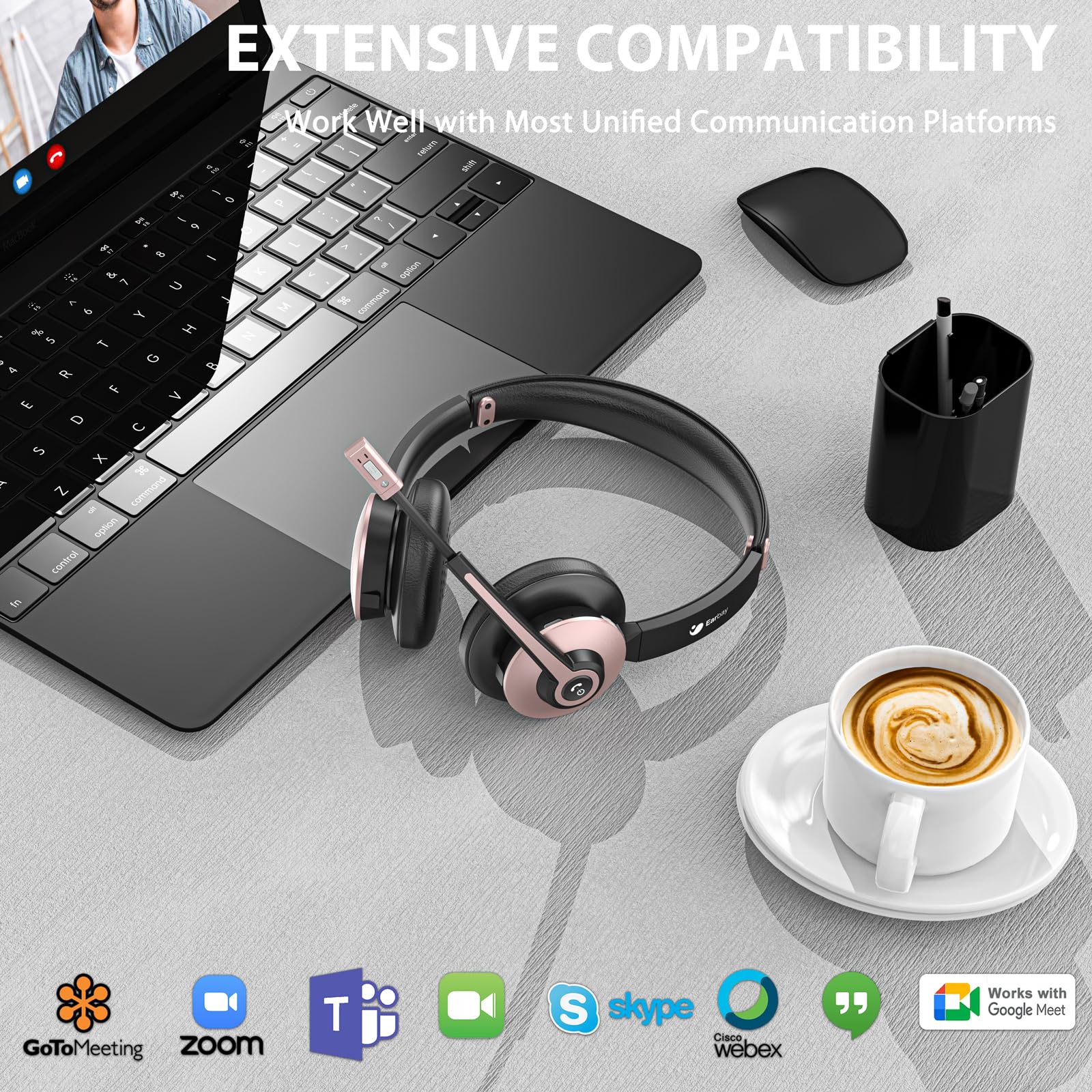 Wireless Bluetooth Headset with Microphone - Noise Cancelling USB Headphones for Office, 26+ Hours Battery Life, Mute Button - Perfect for Call Centers, Laptop, MS Teams, Zoom Meetings & Conference Calls (Hands-Free Work Headset)