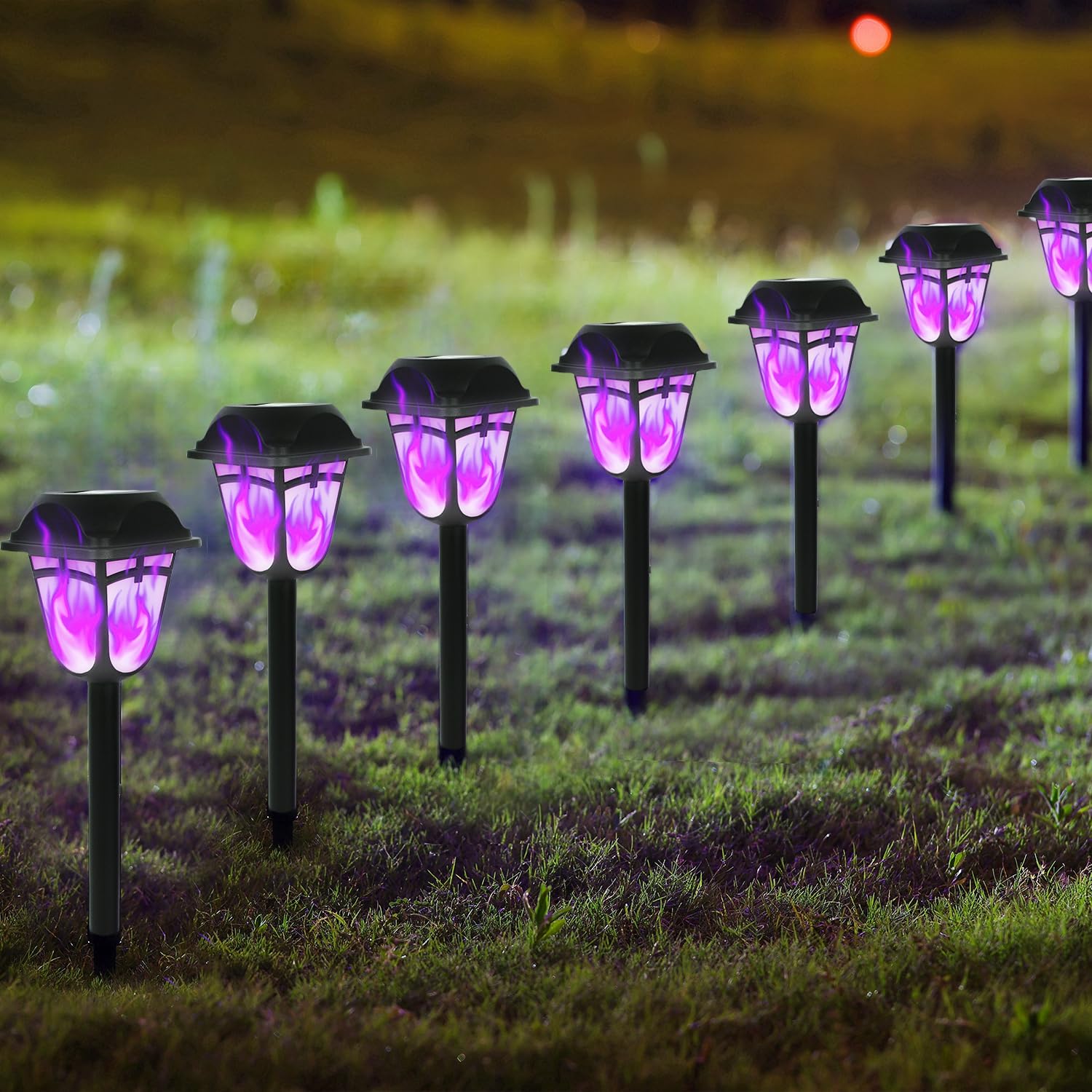 Dynaming Solar Purple Flame Torch Lights - 9 Pack Outdoor Halloween Pathway Lights with Flickering Flame Effect | Solar Powered Auto On/Off Garden & Lawn Decor | Perfect for Halloween Yard, Patio, Walkway & Pathway Lighting