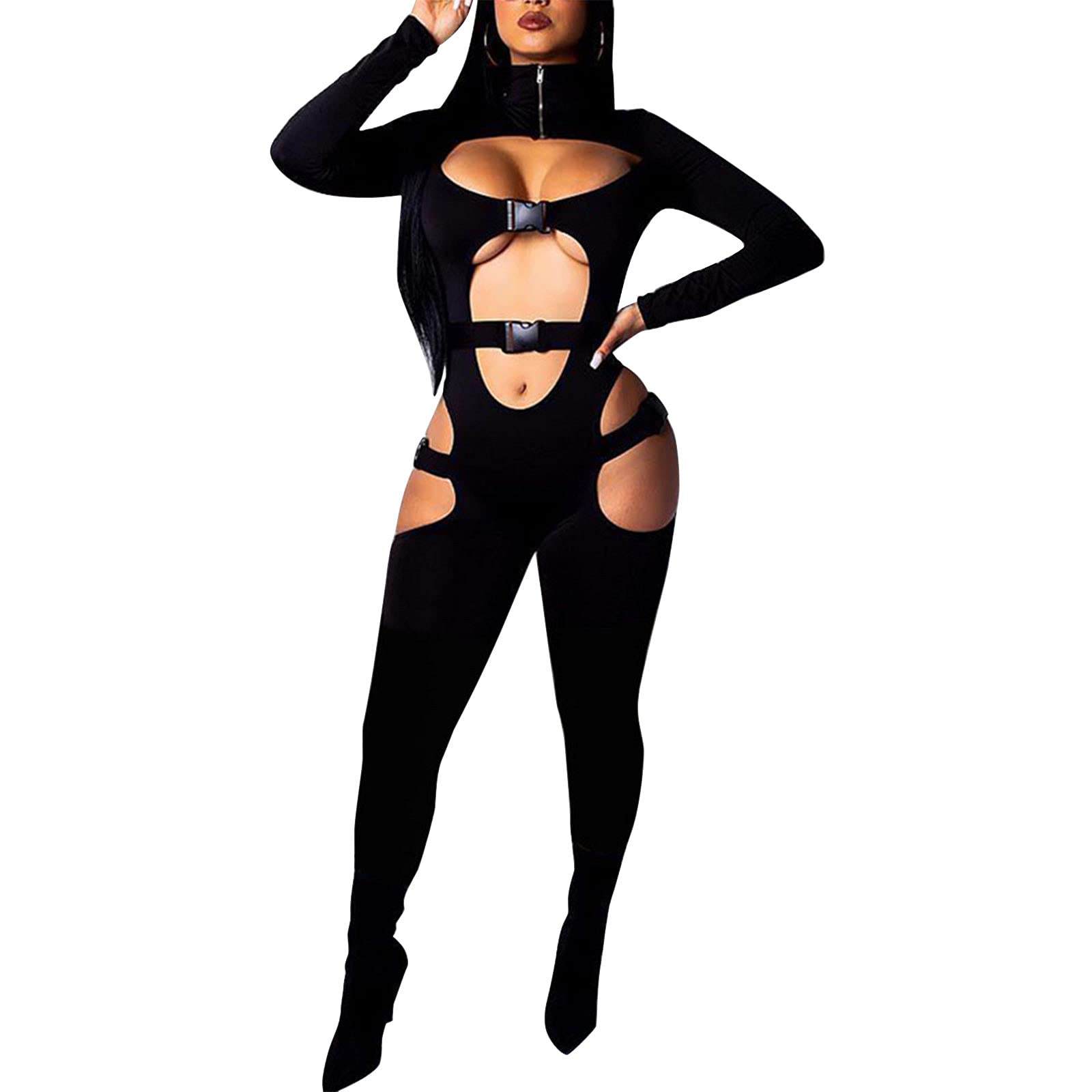 Sexy Hollow Out Short Jumpsuit for Women - Long Sleeve Biker Romper with Buckle Cut Out Details | Bodycon Clubwear & Y2K Fashion | Perfect for Night Out, Party, and Streetwear