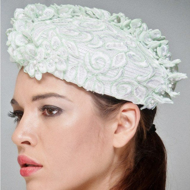 NA1026 White Pillbox Straw Hat with Hand-Beaded Lace - Perfect for Summer Weddings, Beach Vacations & Boho Fashion
