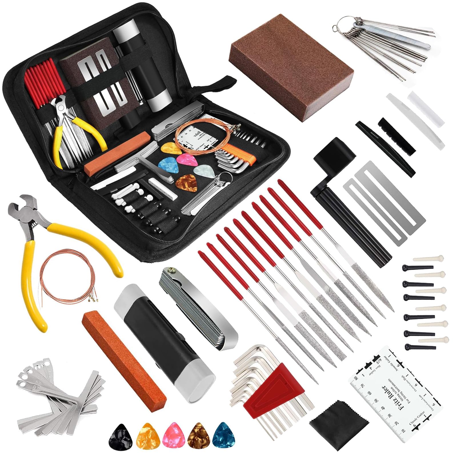 72PCS Professional Guitar Repair & Maintenance Tool Kit with Strings, Picks, Bridge Pins & Gauge - Complete Guitar Accessories Set for Acoustic, Electric Guitar, Ukulele, Bass & Banjo - Perfect for Musicians, DIY Repairs & Home Studio Use