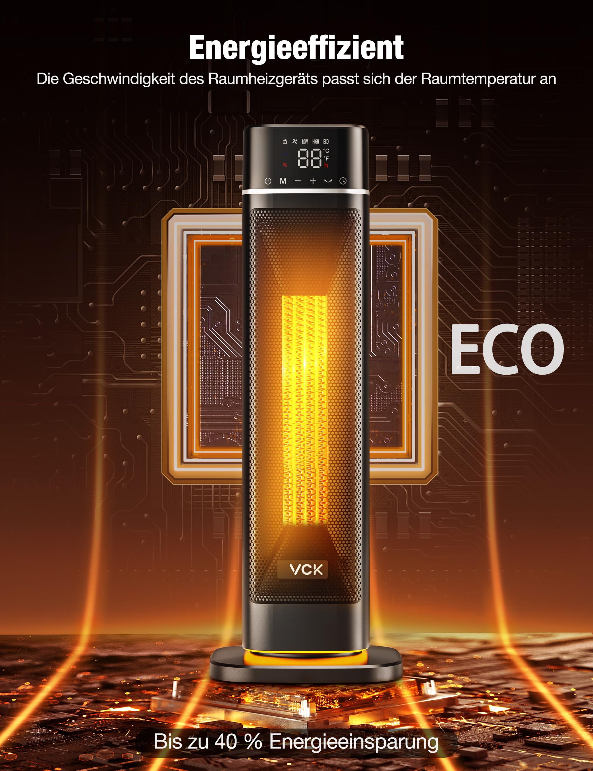 Energy Efficient 60cm Ceramic Fan Heater with Remote Control - 12 ft/s Fast Heating, 80° Oscillation, 4 Modes & 12-Hour Timer - Quiet Space Heater with Night Light, Overheat & Tilt Protection - Perfect for Bedrooms, Offices & Small Spaces