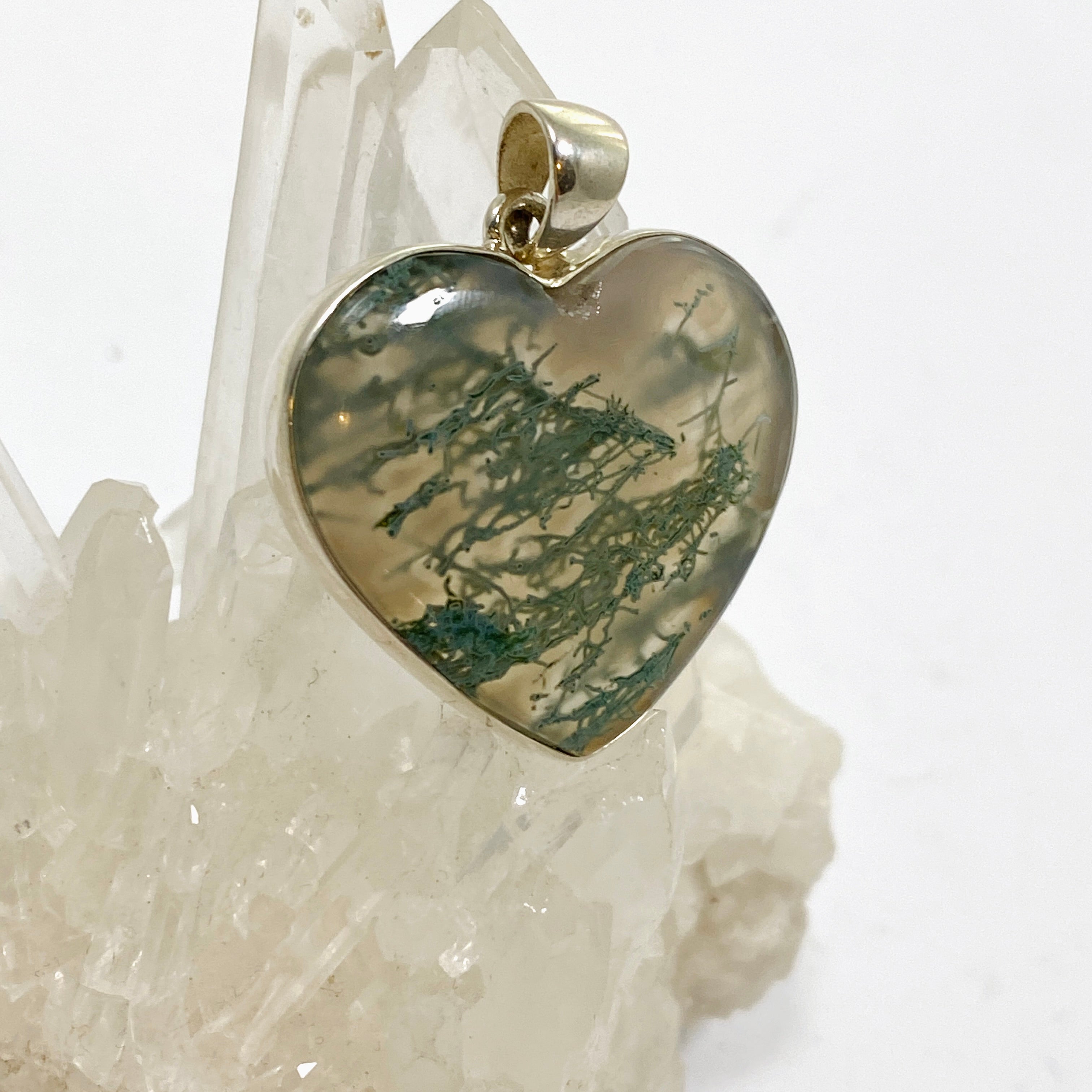 Natural Moss Agate Heart Cabochon Pendant Necklace - 925 Sterling Silver Jewelry for Women - Perfect for Valentine's Day, Anniversary & Spiritual Healing Gifts