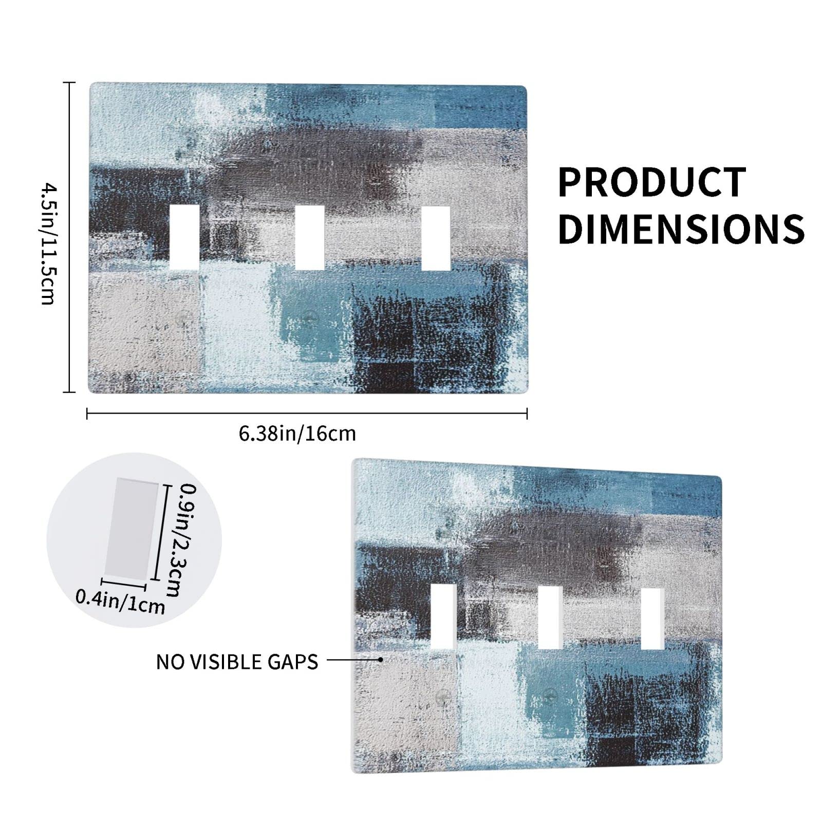 Abstract Blue Gray Black Triple Toggle Light Switch Cover - Decorative 3 Gang Wall Plate for Living Room, Bedroom - 4.5
