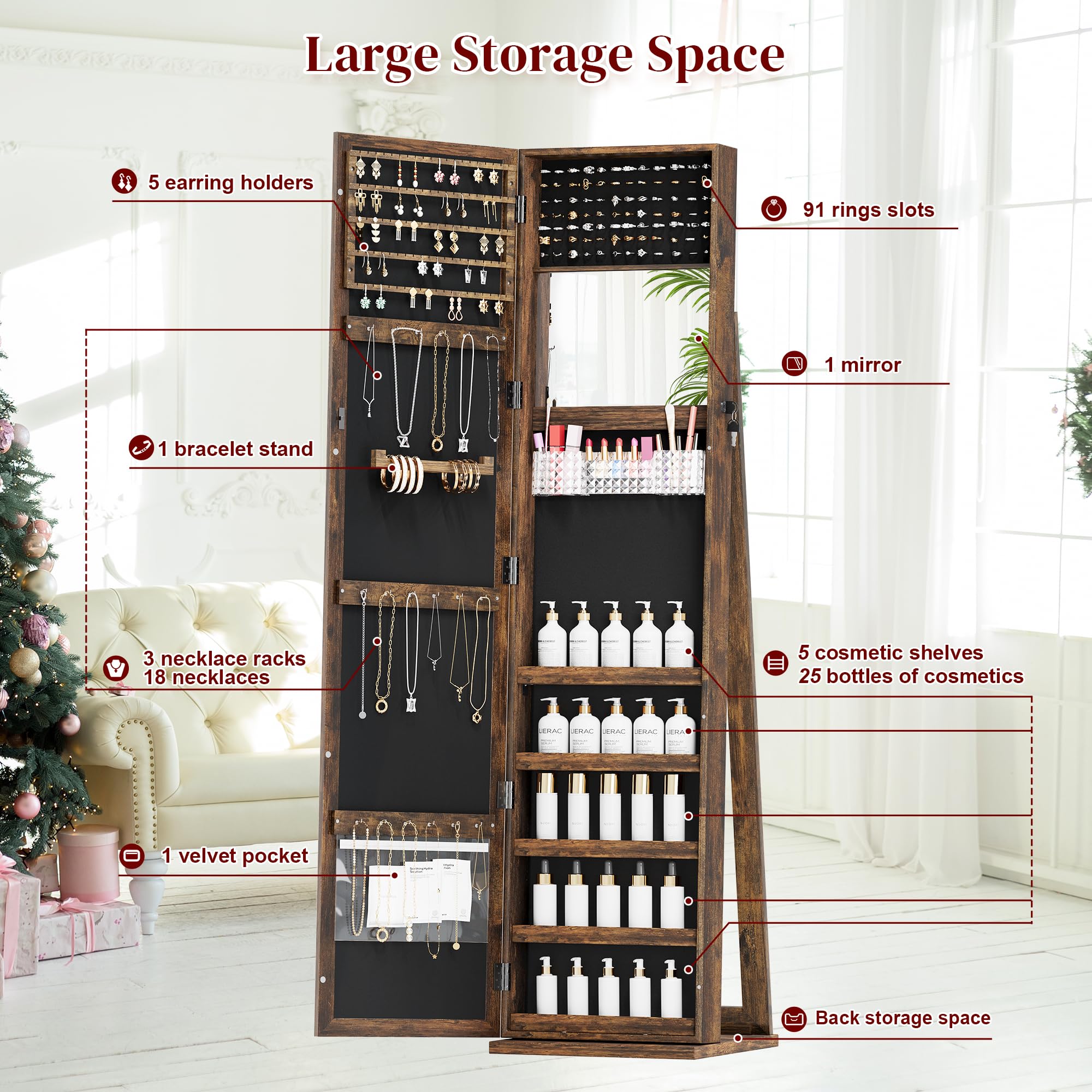Full Length Mirror Jewelry Cabinet with Lock - Standing Jewelry Armoire Organizer for Women & Girls, Brown - Perfect for Bedroom, Closet & Dressing Room Storage