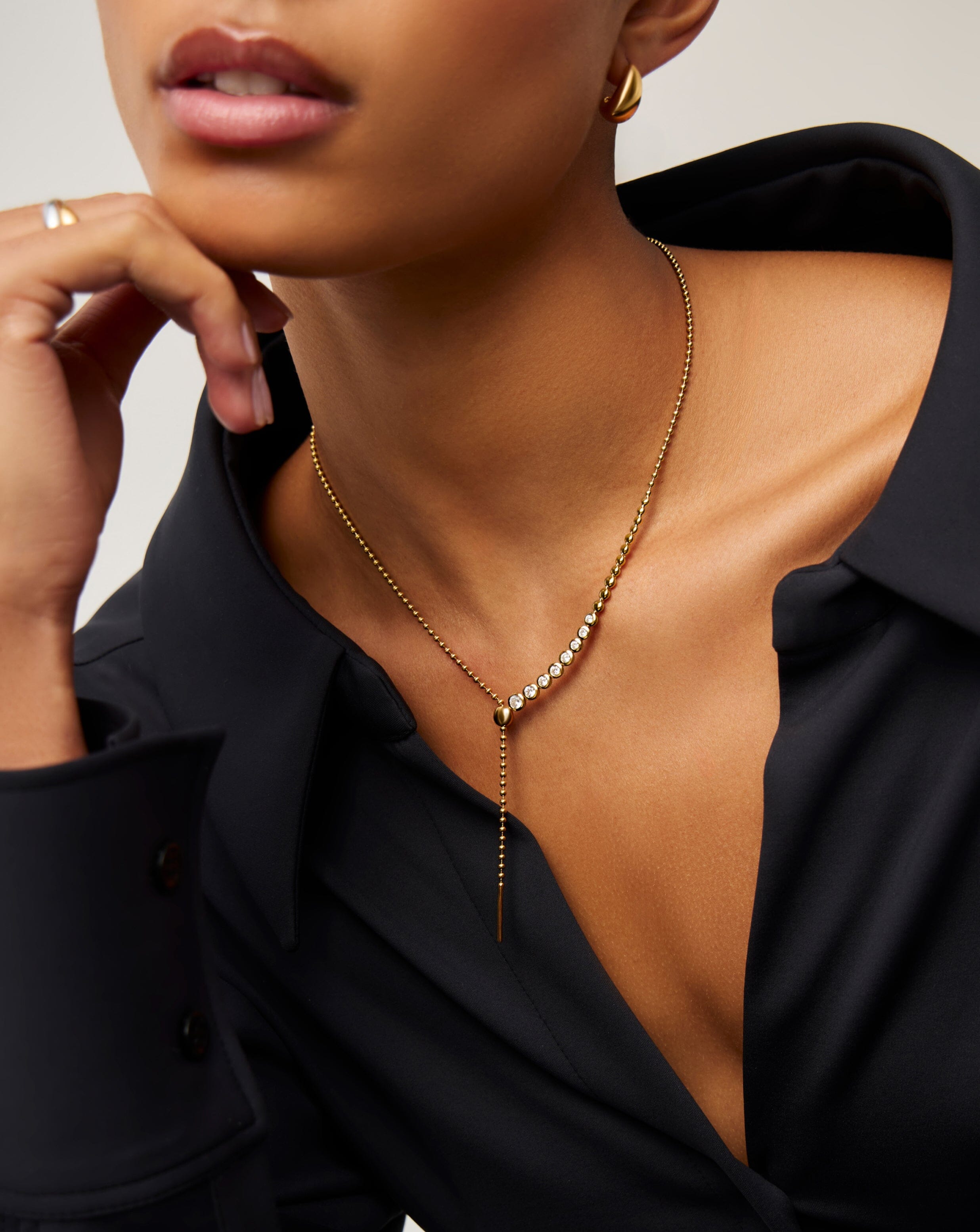 18k Gold Vermeil Beaded Stone Slider Lariat Necklace with Cubic Zirconia - Elegant Layered Jewelry for Women, Perfect for Date Night, Wedding & Special Occasions