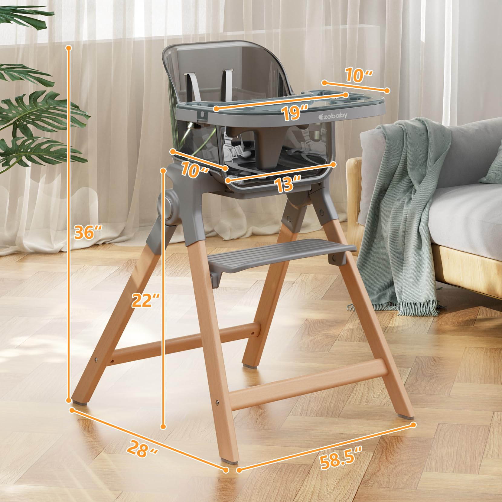 Ezebaby 3-in-1 Foldable Wooden High Chair - Convertible Baby Dining Booster Seat & Toddler Chair with Adjustable Tray | Easy Clean Baby High Chair for Home, Restaurant & Outdoor Use (Transparent Gray)