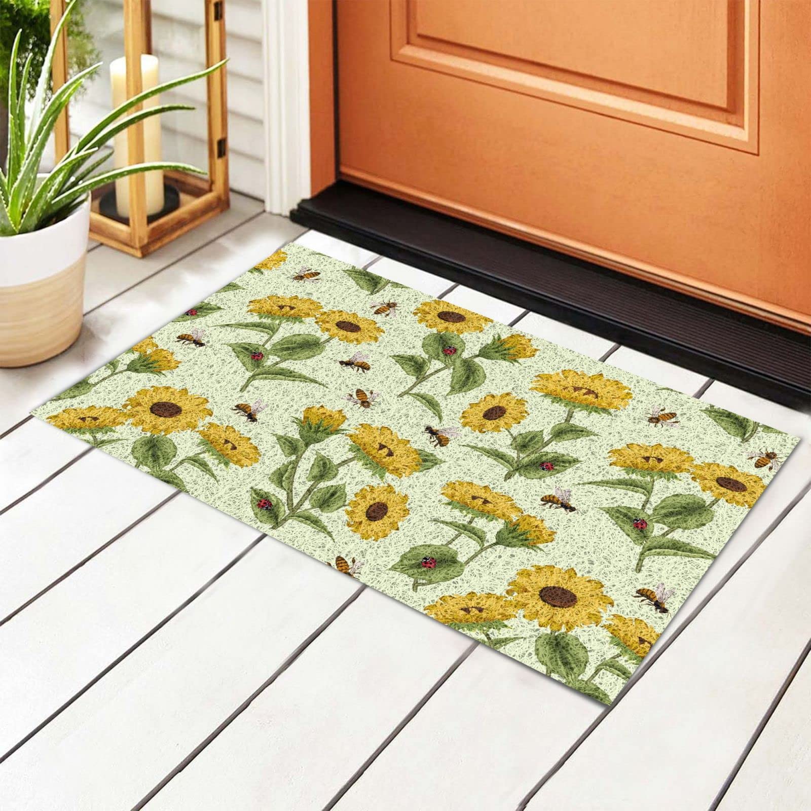 Personalized Sunflower Ladybug Welcome Mat - Non-Slip Absorbent Rug for Indoor/Outdoor Home Decor - Perfect for Front Door Entryway