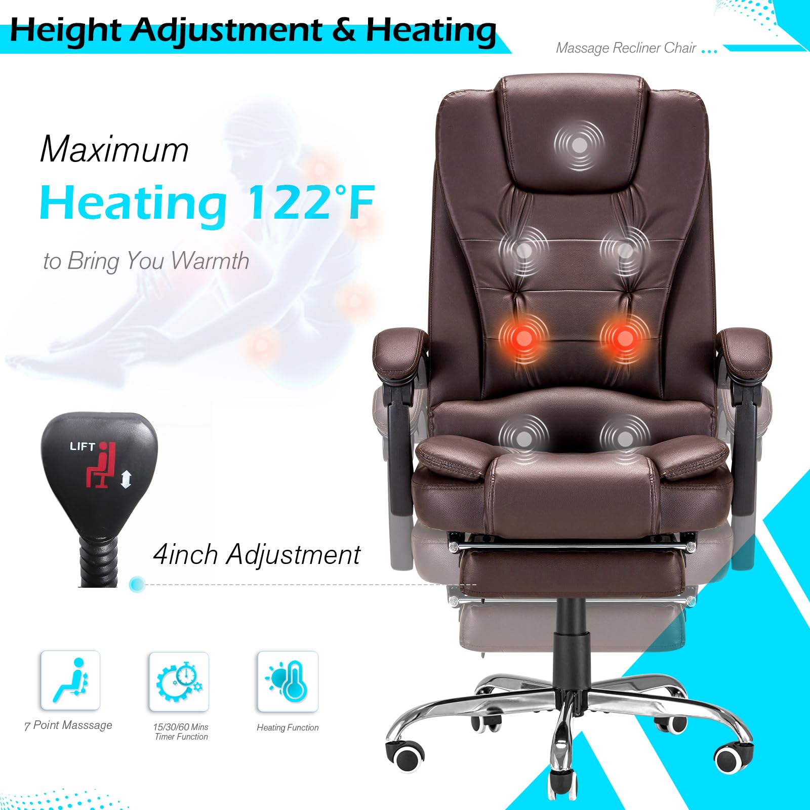 YODOLLA Ergonomic 7-Point Massage Office Chair with Heating - Brown Leather Reclining Computer Desk Chair with High Back & Retractable Footrest - Perfect for Home Office, Gaming & Workspace Comfort