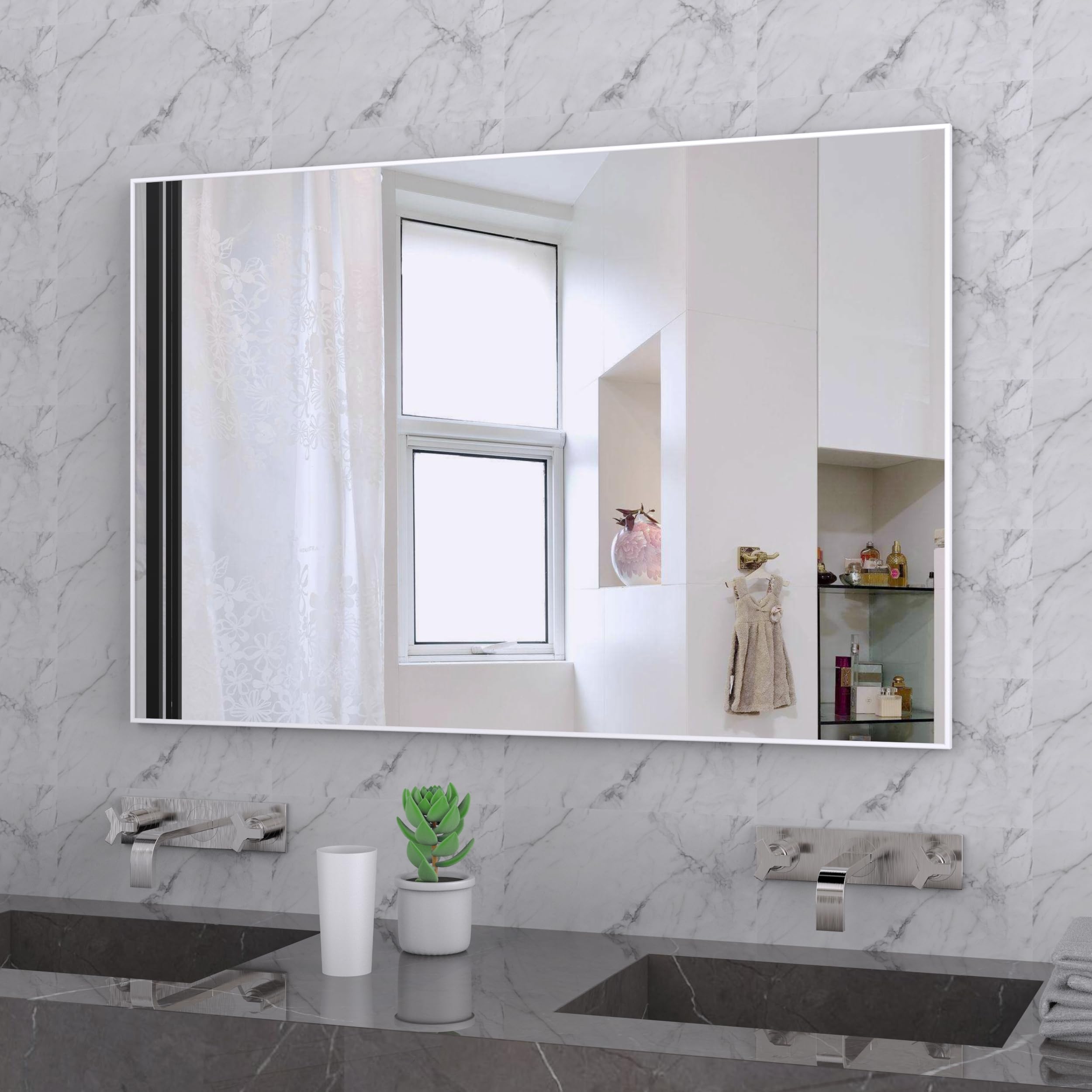 BEAUTME 36x24 Inch White Bathroom Mirror for Wall - Modern Rectangle Vanity Mirror with White Aluminum Frame, Shatterproof & Anti-Rust (Horizontal/Vertical) - Perfect for Bathroom, Bedroom, Dressing Room & Home Decor