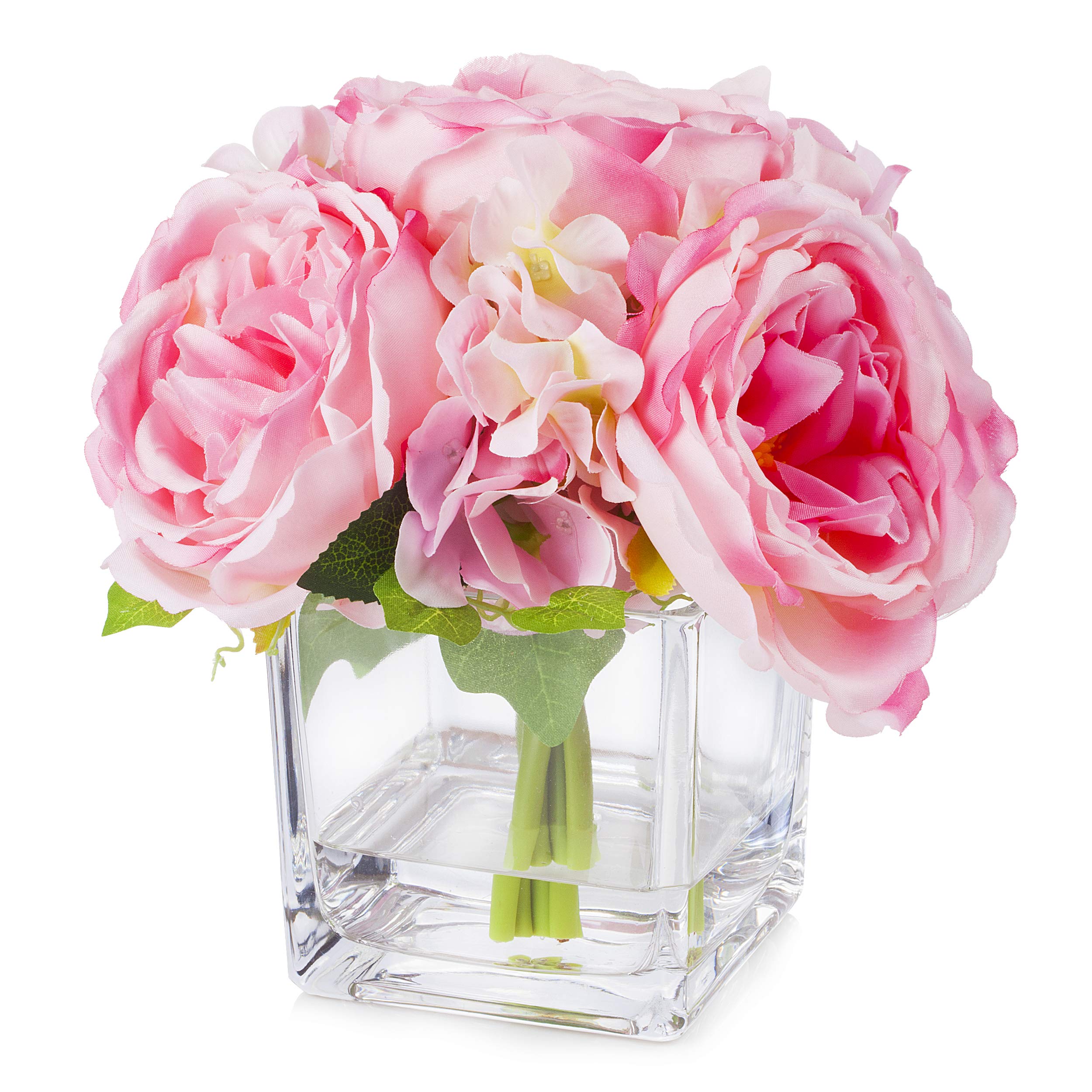 Premium Artificial Peony & Hydrangea Flower Arrangement in Glass Cube Vase - Elegant Home Decor, Wedding Centerpiece, Office Desk Decor (Pink Floral Display)