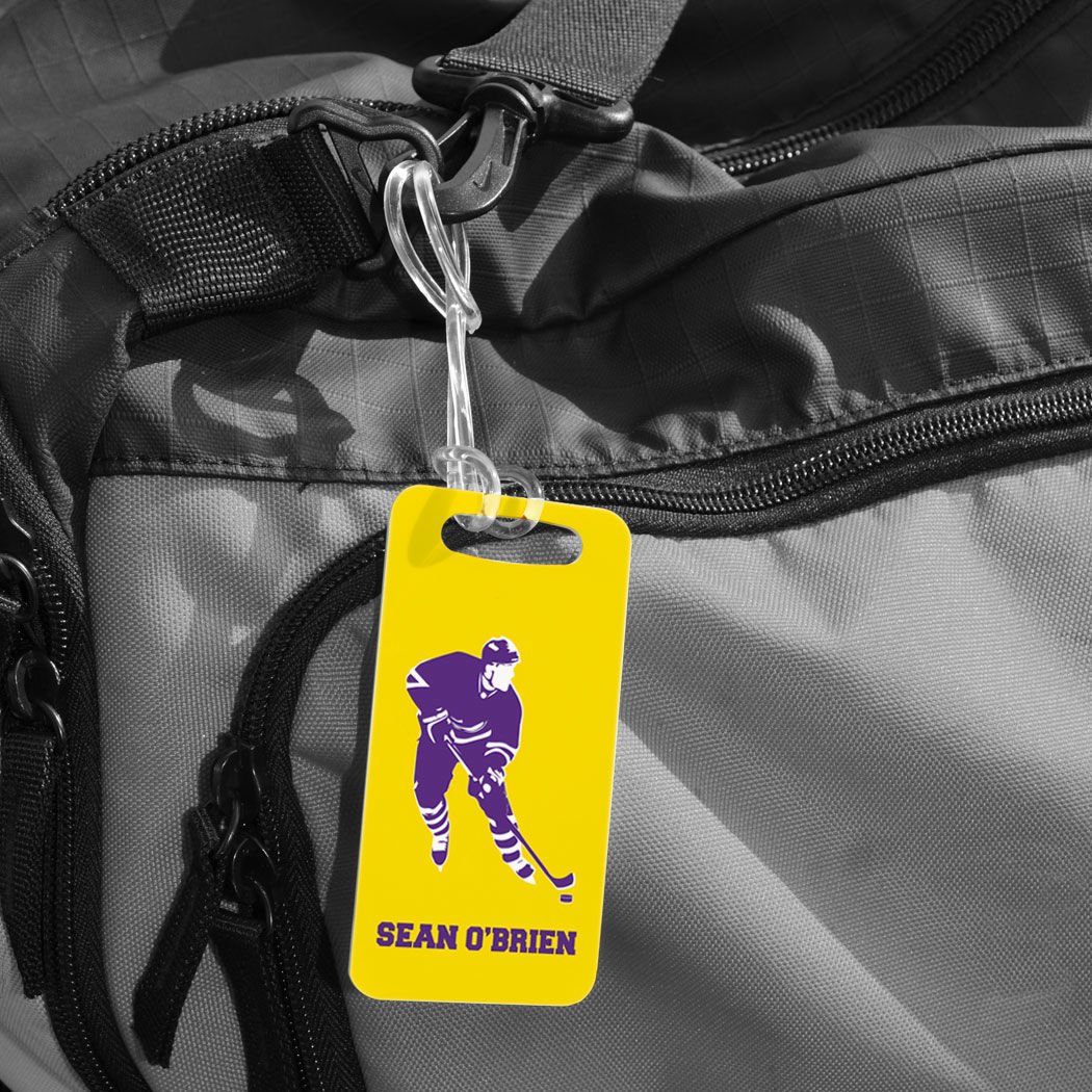 Personalized Hockey Player Name Luggage Tag - Small Yellow & Purple Hockey Bag Tag with Standard Lines | Perfect for Hockey Gear, Travel & Sports Equipment Identification