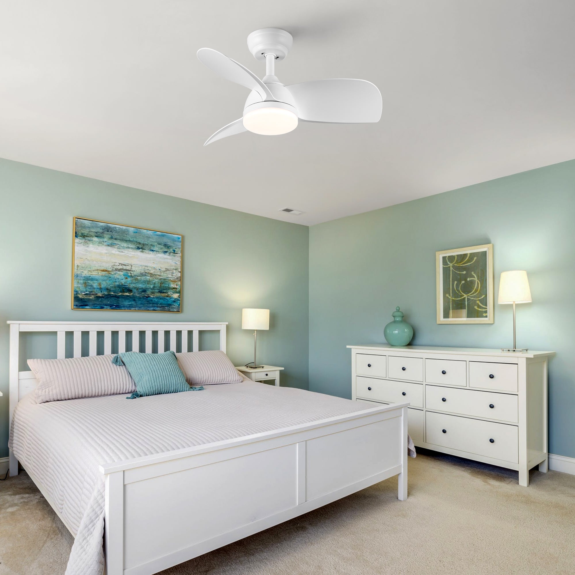 28 Inch Integrated LED Ceiling Fan with White ABS Blades - Energy Efficient Cooling & Lighting for Bedroom, Living Room, and Office Spaces