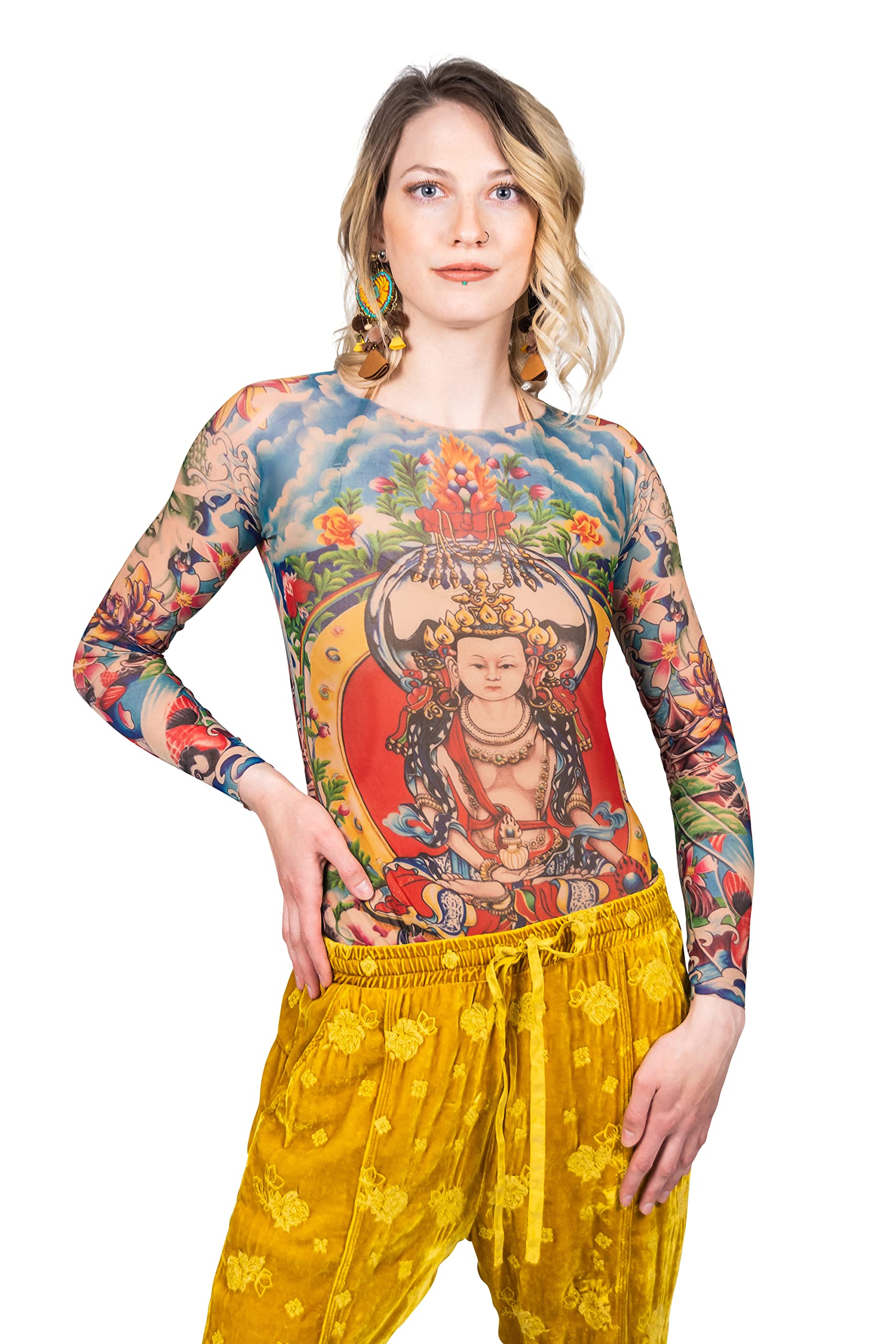 Wild Rose Women's Prayer Buddha Yoga Meditation Lotus Koi Zen Blue Tattoo Print Mesh Shirt for Yoga, Meditation, and Spiritual Retreats