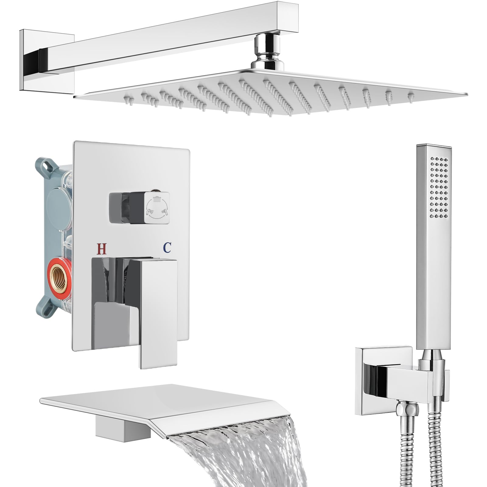 Midanya 10 Inch Square Rain Shower System - Polished Chrome Rainfall Shower Head with Handheld Sprayer, Waterfall Tub Spout & Mixer Valve Combo for Bathroom Remodeling - Perfect for Spa-Like Shower Experience and Modern Bathroom Upgrade