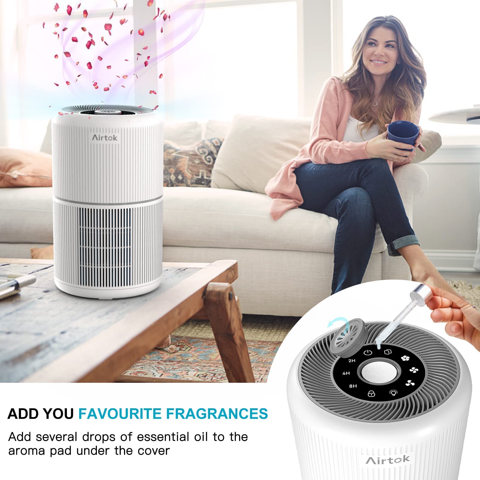 AIRTOK H13 True HEPA Air Purifier for Large Rooms - 99.97% Removal of Smoke, Dust, Pollen, Pet Dander & Odors with Fragrance Sponge | White Home & Bedroom Air Cleaner for Allergy Relief & Fresh Air (Perfect for Living Rooms, Nurseries, and Offices)