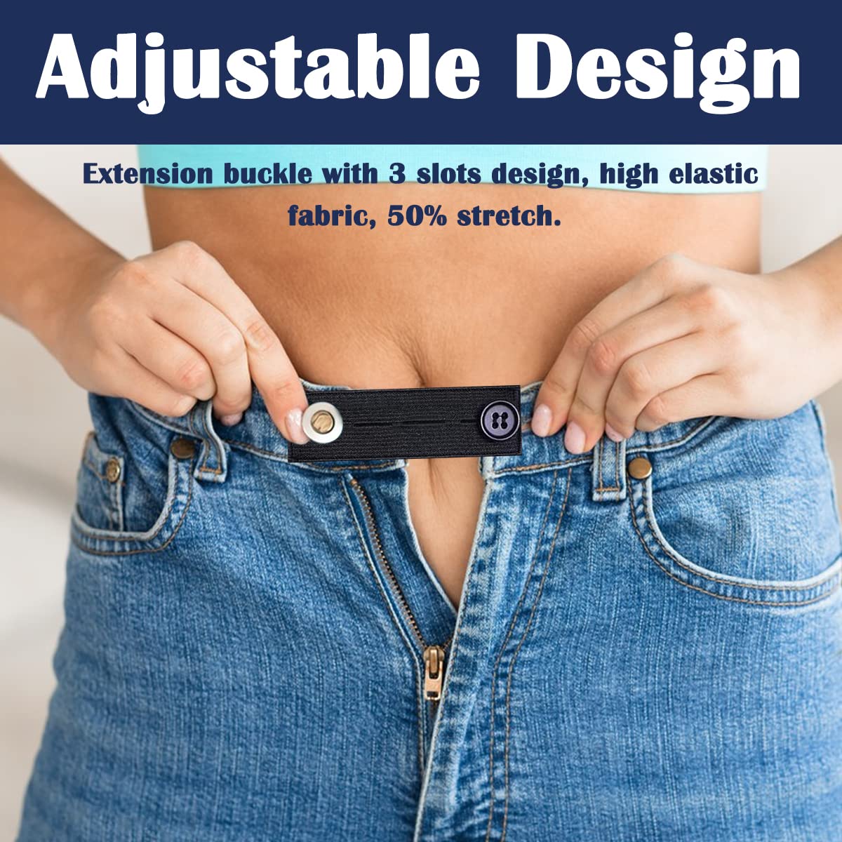 Elastic Waist Extenders for Pants - 8 Pack Adjustable Belt Extender for Women & Men - Works with Jeans, Dresses & Button Pants (Black, Blue, Khaki) - Perfect for Travel, Pregnancy & Weight Fluctuations