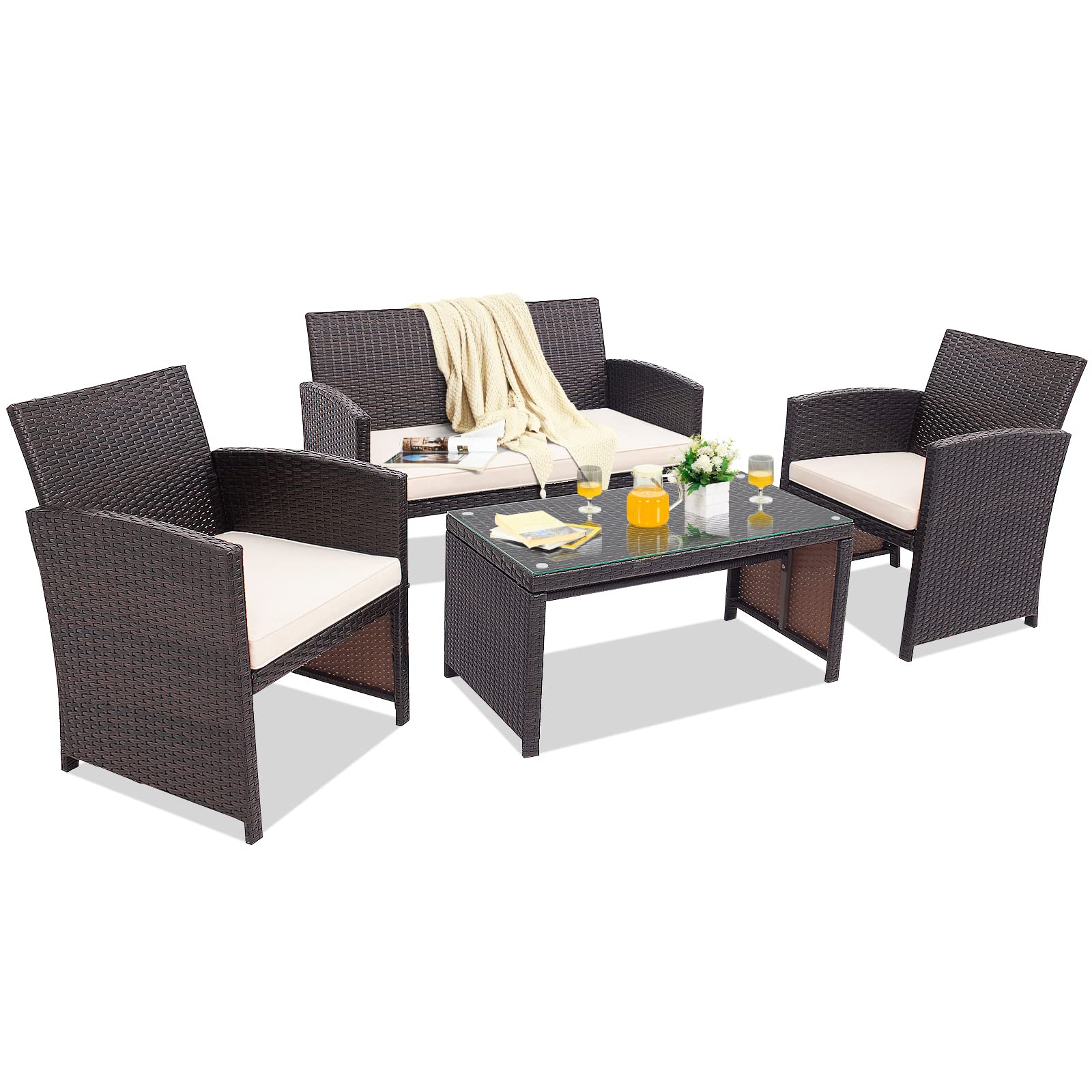 RELAX4LIFE 4-Piece Outdoor Patio Furniture Set with Cushions - Wicker Conversation Set Includes 2 Chairs, Loveseat & Tempered Glass Coffee Table - White Garden Furniture for Backyard, Porch, Poolside & Outdoor Entertaining