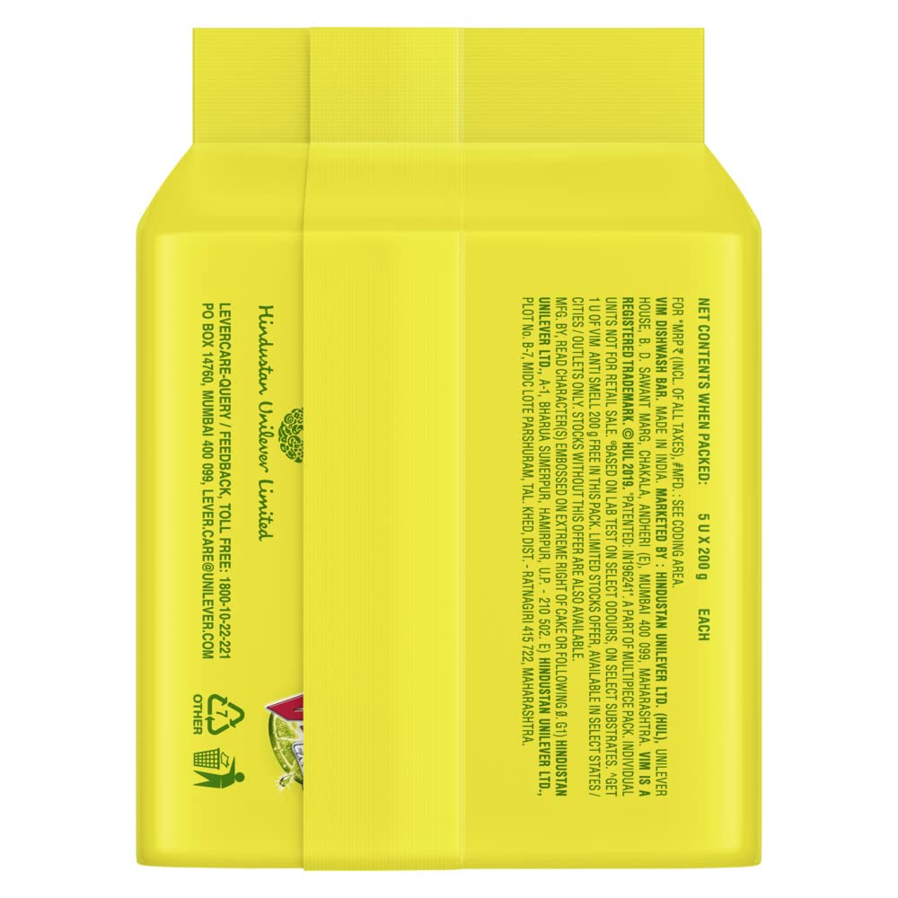 Vim Antismell with Pudina (Mint) Dishwashing Bar - Pack of 5 (Buy 4 Get 1 Free) | Vim Lemon Dishwash Bar 300g - Powerful Stain & Grease Removal | Ideal for Kitchen Cleaning, Utensil Washing & Tough Stain Removal