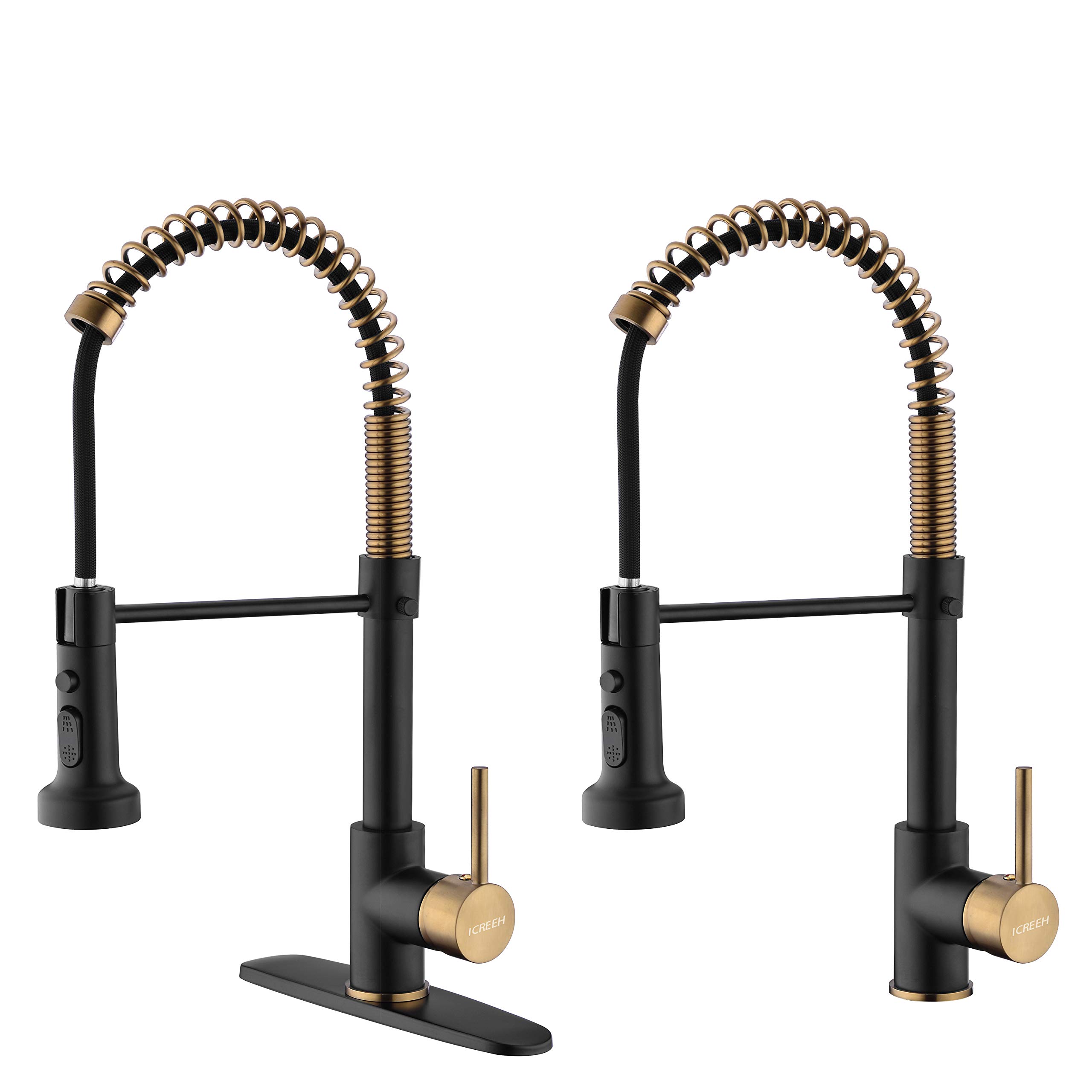 Matte Black and Gold Kitchen Faucet with Pull Down Sprayer - Commercial Single Handle Spring Faucet for Kitchen Sink - Durable Matte Finish - Perfect for Modern & Luxury Kitchens, Restaurants & Coffee Shops