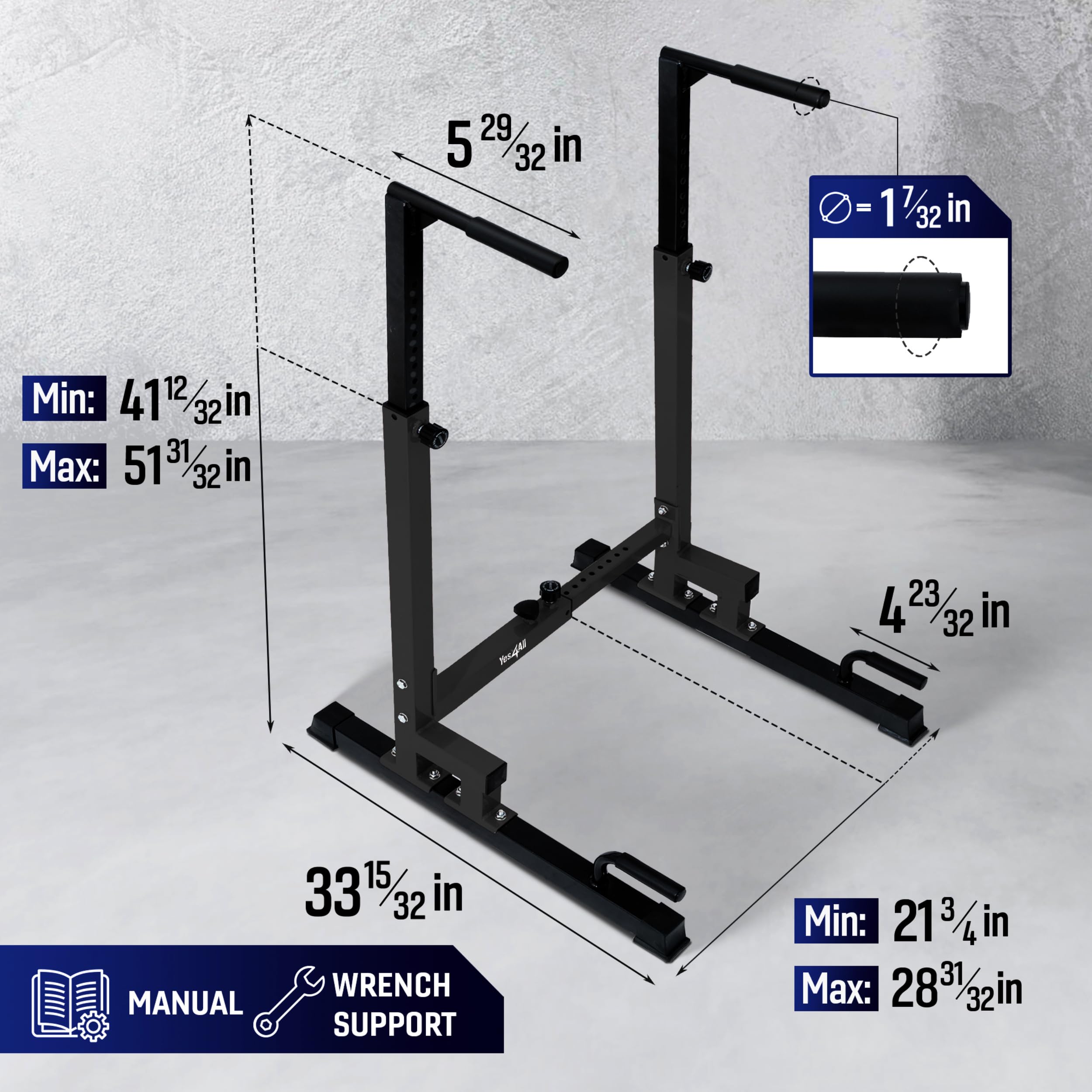 Yes4All Adjustable Dip Stand - 500 LBS Weight Capacity, 80-Level Height Adjustment for Home Gym Workouts | Perfect for Pull-Ups, Dips & Bodyweight Training