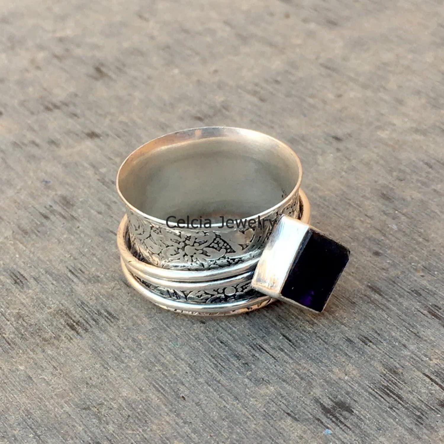 Natural Amethyst Unisex Ring - Faceted Square Spinner Ring for Stress Relief & Meditation, February Birthstone Jewelry, Anniversary & Mother's Day Gift (Size 7) - Perfect for Anxiety Relief, Mindfulness Practice & Stylish Everyday Wear