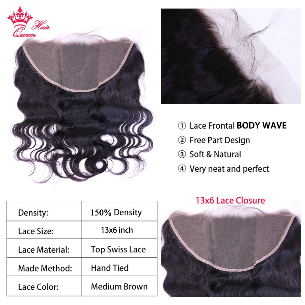 13x6 Brazilian Virgin Body Wave Lace Frontal Closure - 150% Density Human Hair Extensions with Bleached Knots & Baby Hair | Queen Hair Products | Natural Color 12 Inches | Perfect for Protective Styles, Weaves & Everyday Glam