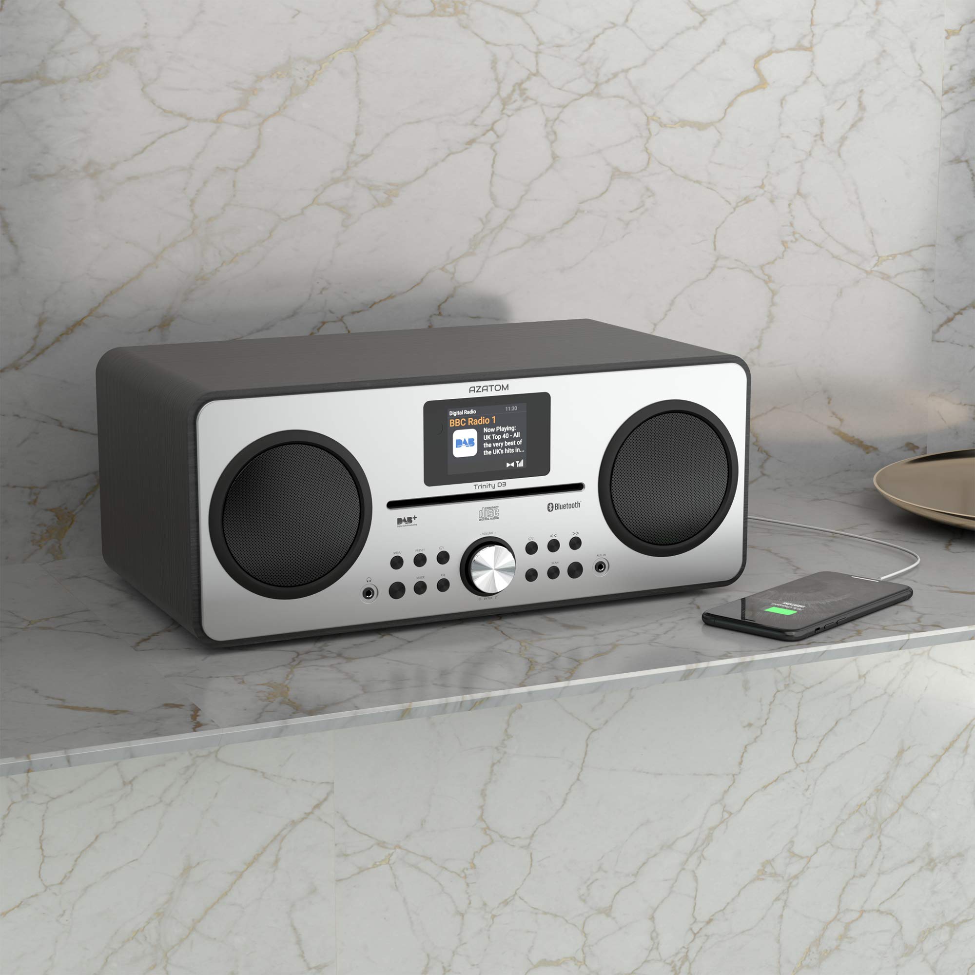 AZATOM Trinity DAB/DAB+ Digital CD Player with FM Radio, Bluetooth 5.0, Stereo Speaker System, Alarm Clock, USB Charger & MP3 Playback - Premium Hi-Fi Sound for Home & Office (Renewed, Black) - Perfect for Bedroom, Living Room or Workspace Entertainment