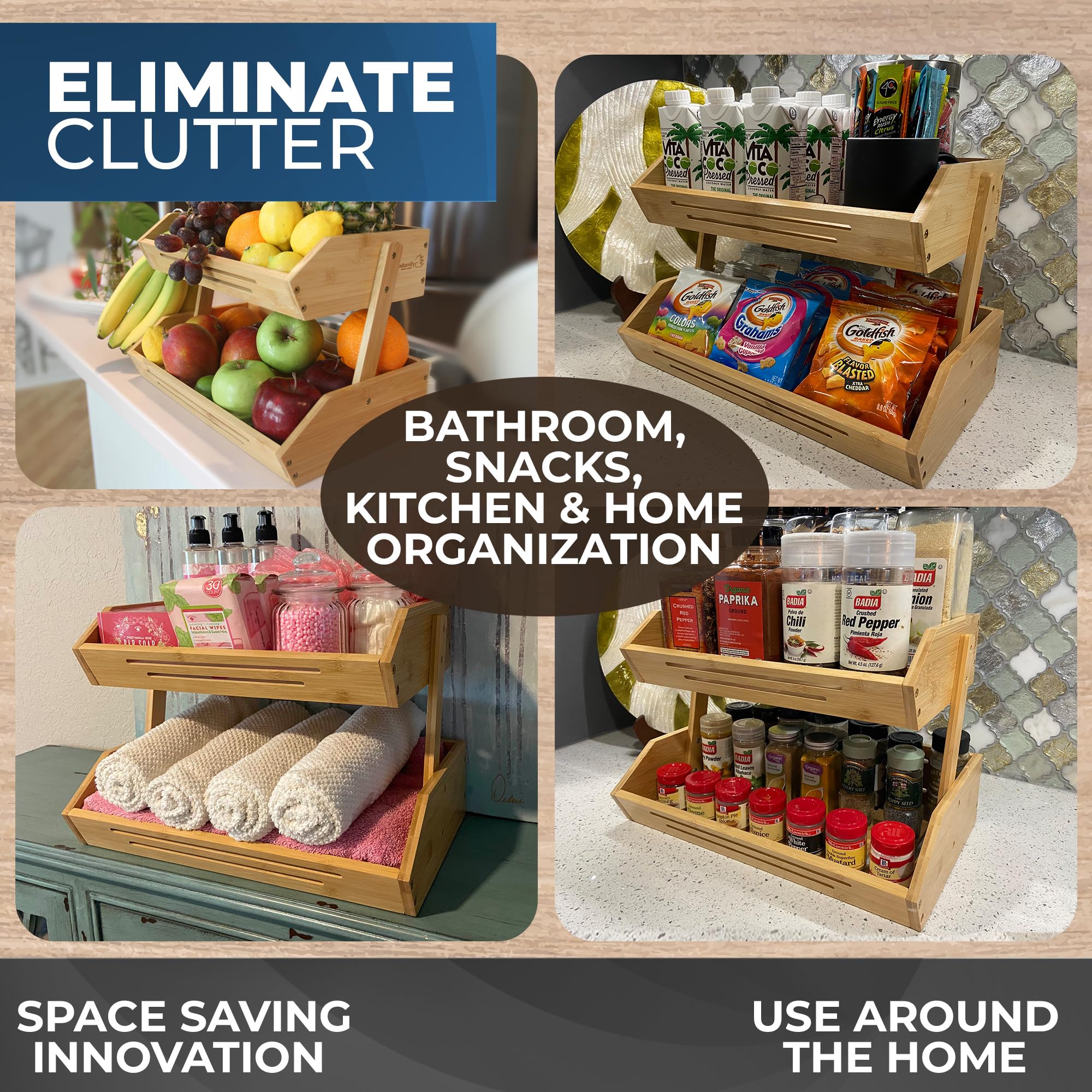 2 Tier Bamboo Fruit Basket with Banana Hanger Hooks - Wooden Kitchen Countertop Organizer for Fruits & Vegetables - Perfect for Home Kitchen, Fruit Shops, and Pantry Storage