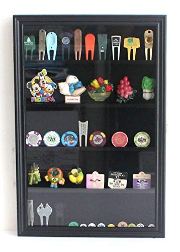 Premium Golf Ball Markers, Kitchen Fridge Magnets, Stylish Belt Buckles & Golf Divot Tools - Wall Display Cabinet with Black Finish | Perfect for Home, Office & Golf Club Decor