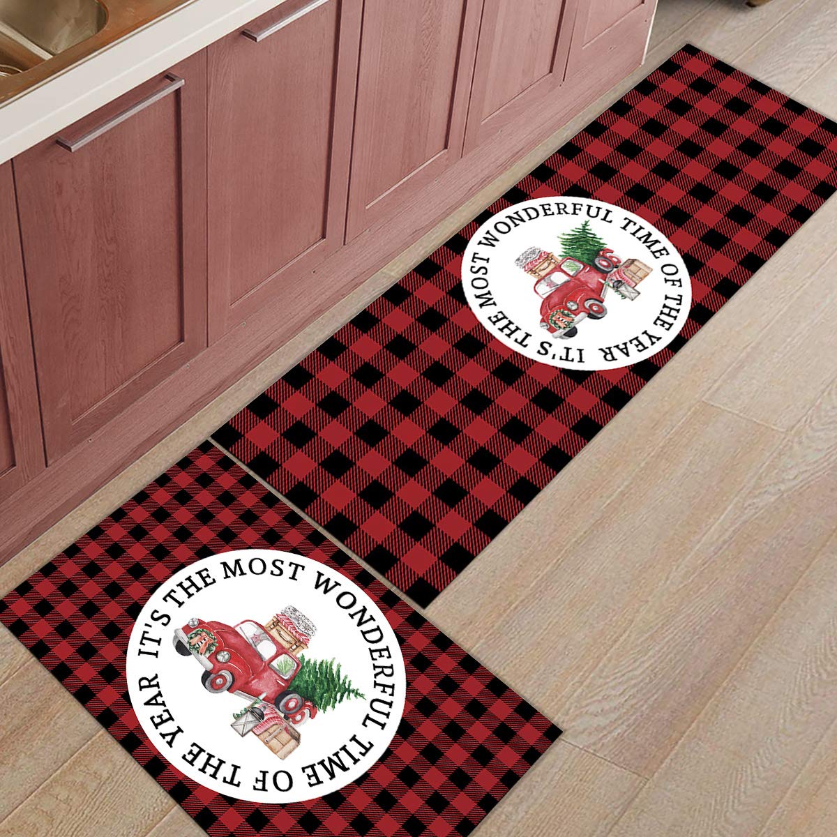 Red Buffalo Plaid Christmas Kitchen Mat - Non-Slip Anti-Fatigue Floor Rug with Holiday Truck Design, Perfect for Standing Desk, Kitchen Runner & Festive Home Decor | Ideal for Christmas Decorations, Cozy Kitchen & Office Use