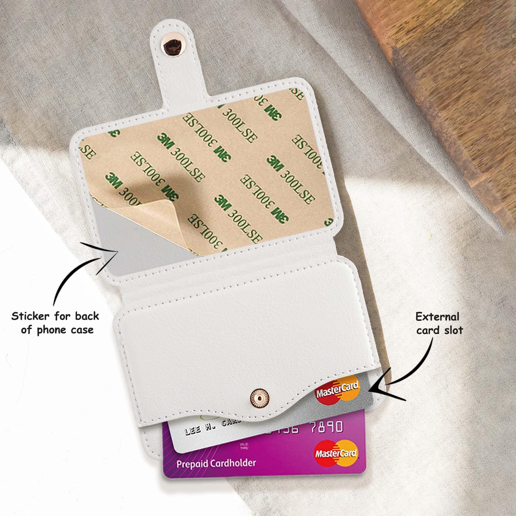 M-Plateau Stick On Phone Wallet - Slim Leather Card Holder with Snap Closure for Most Smartphones (White) | Perfect for Contactless Payments, ID Storage & Everyday Essentials While On-The-Go