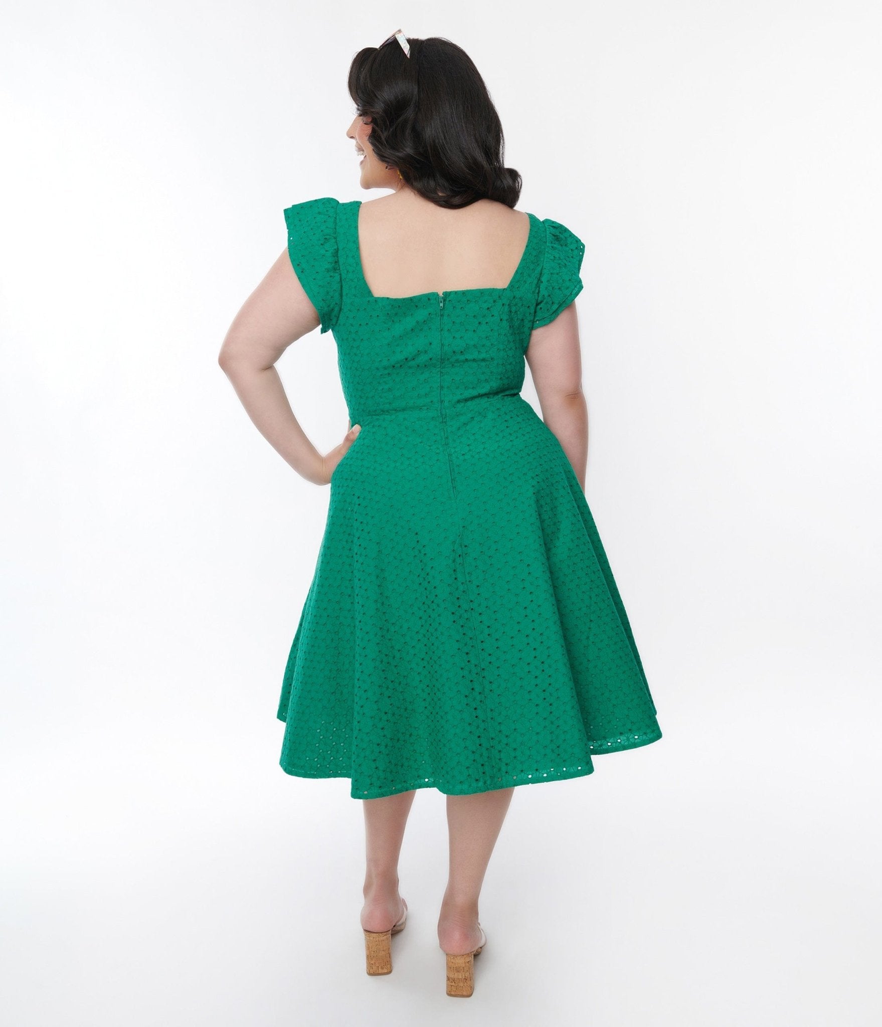 Green Eyelet Ruffle Sleeve Swing Dress - Flowy Summer Dress for Women | Perfect for Beach Vacations, Garden Parties & Date Nights