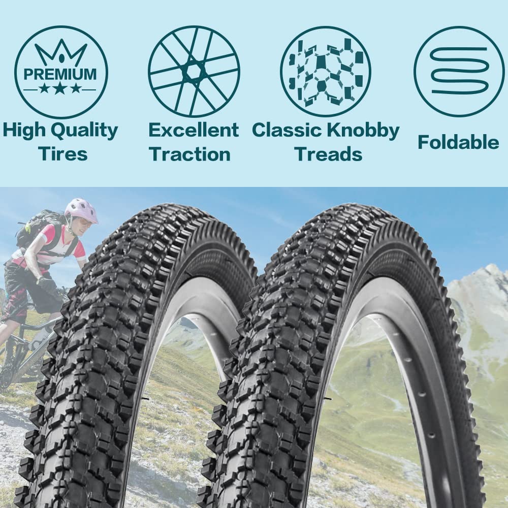 2 Pack Mountain Bike Tires - 24/26/27.5/29 Inch Folding Replacement Tires (1.95-2.125 Inch Width) with Tire Levers - Wire Bead for MTB, Road & Commuter Bikes - Perfect for Trail Riding, Urban Commuting & Off-Road Adventures