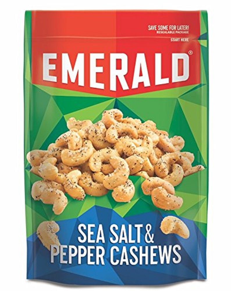 Premium Emerald Sea Salt and Pepper Cashews - 5.5oz Resealable Stand-Up Bags (Pack of 6) | Healthy Snack for Office, Travel & Parties | Gluten-Free Roasted Nuts for Gifting
