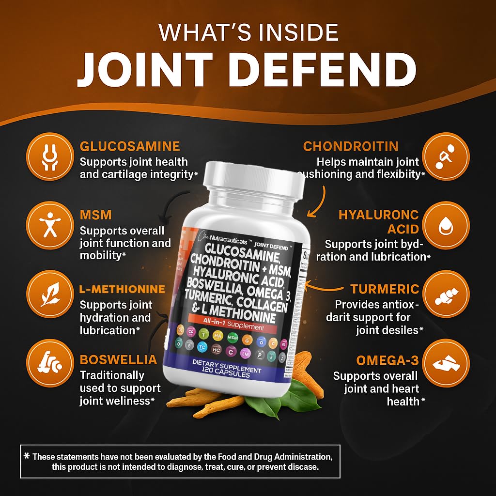 Premium Glucosamine Chondroitin MSM 1500mg with Turmeric Curcumin - Joint Support Supplement with Collagen, Hyaluronic Acid & Omega 3 for Men & Women - 120 Capsules - Supports Mobility & Comfort for Active Lifestyles, Workouts & Aging Joints